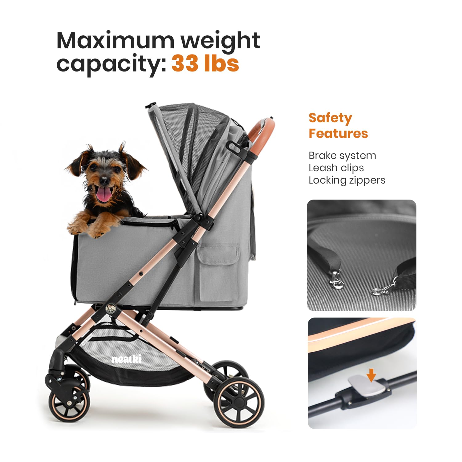 Passeggino pieghevole per cani e gatti, capacità 31,8 kg, ruote anteriori girevoli a 360°, piega con un clic, sistema frenante, clip per guinzaglio e bloccaggio, imbottitura rimovibile e