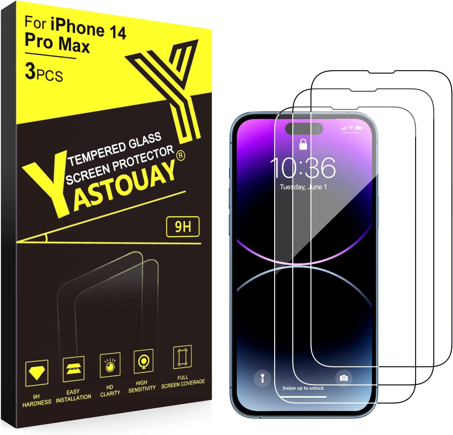 Yastouay Screen Protector for iPhone 14 Pro Max, Tempered Glass Film 6.7-Inch, Full Coverage, 9H Hardness, Anti-Scratch, 0.33mm 2.5D Ultra Transparent, Bubble Free, Case-Friendly, 3-Pack