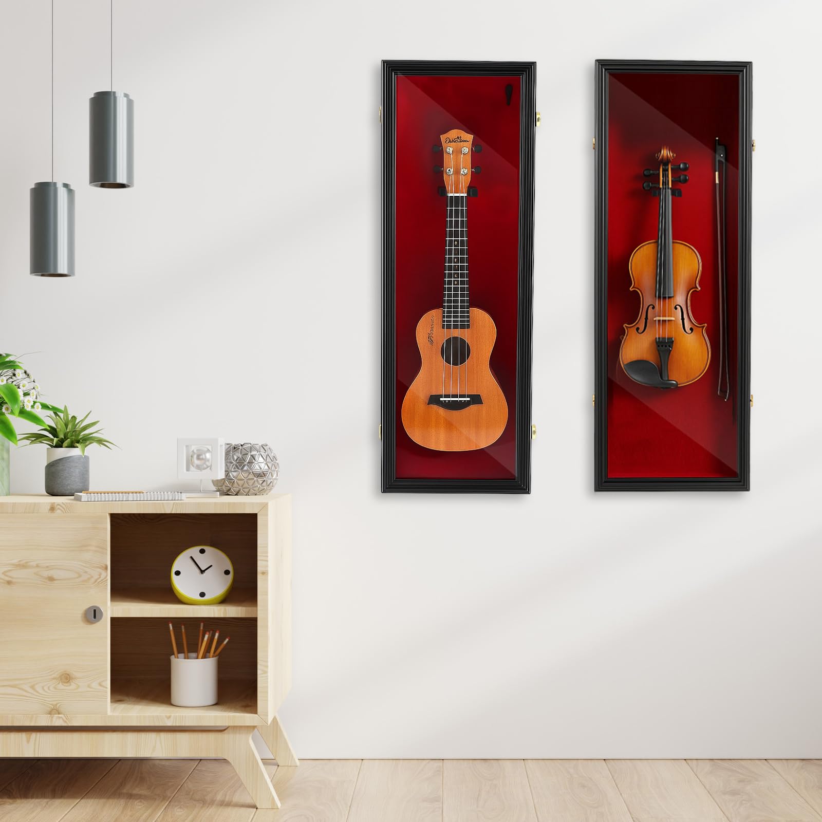 Silipull Espositore per violino da 33,25 '' con supporto per archetto e serratura per violino Supporto da parete per chitarra, violino, ukulele, con porta trasparente in acrilico per regalo natalizio