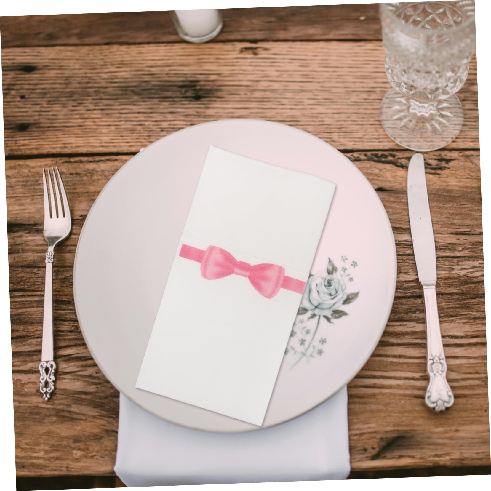 PLAFOPE Servilletas de Papel para Cubiertos, 50 Piezas, Plegadas y Fáciles de Guardar, Estampado de Lazo Rosa, para Restaurante y Cocina