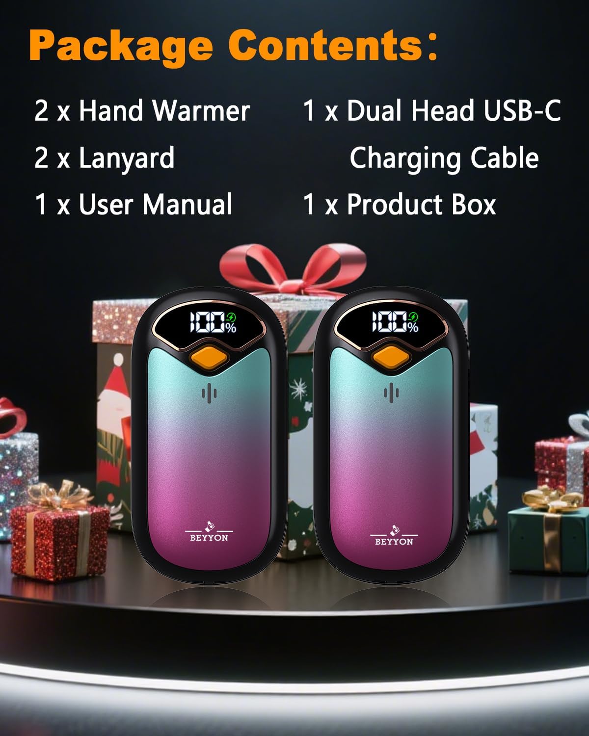Contents of the BEYYON hand warmer package, including two hand warmers, a charging cable, lanyards, and a user manual.