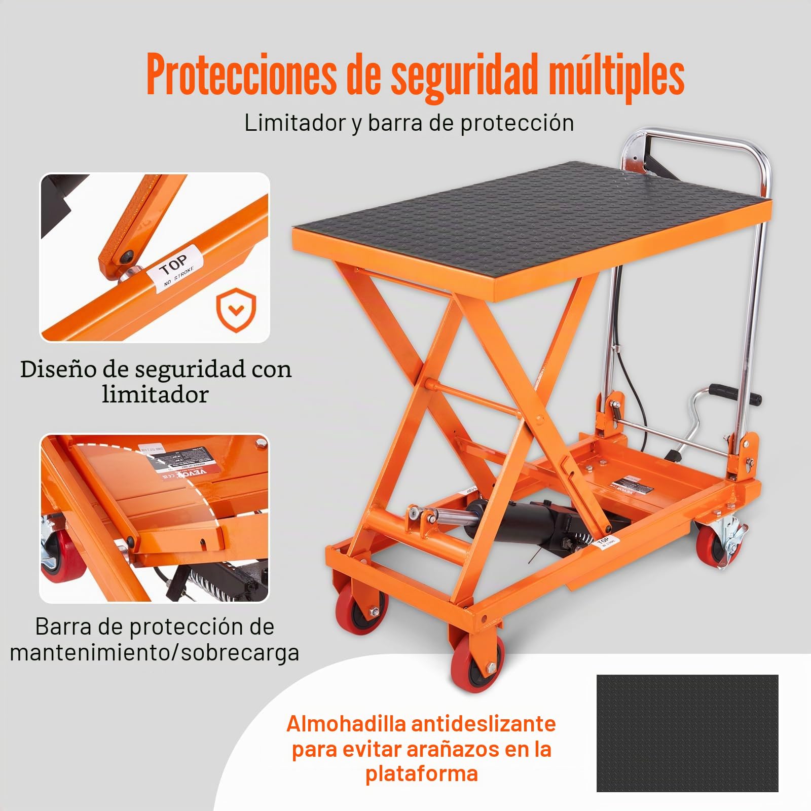 VEVOR TF15 - Carrito de mesa de elevación hidráulica, capacidad de 330 libras, 28.5 pulgadas con 4 ruedas y almohadilla antideslizante, para manejo y transporte de materiales, color naranja