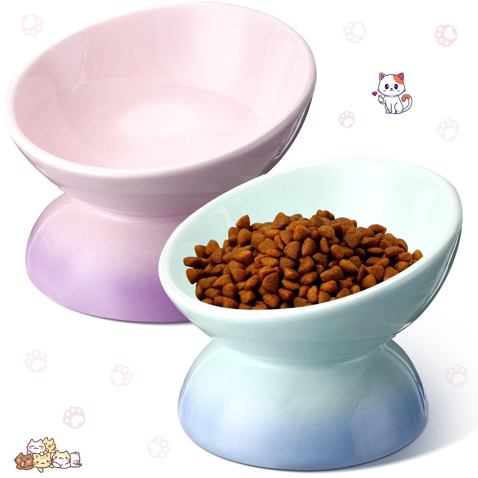 Hushee 2 Pcs Elevated Cat Food Bowl Ceramic 15 Degree Raised Cat Water Bowl 4 oz Slanted Tilted Anti Vomiting for Kitten Small Dogs Pet, Dishwasher
