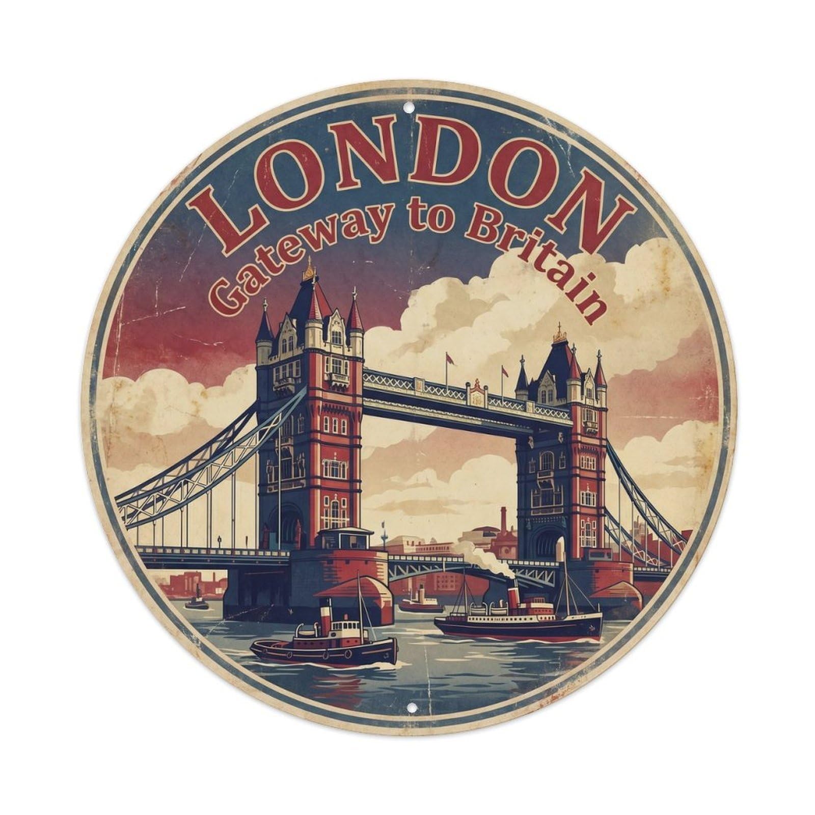 Vintage Travel London Bridge Landmark Metal Tin Sign Plaque Wall Decor for Cafe, Club, Garden Round Metal Poster 8x8Inch