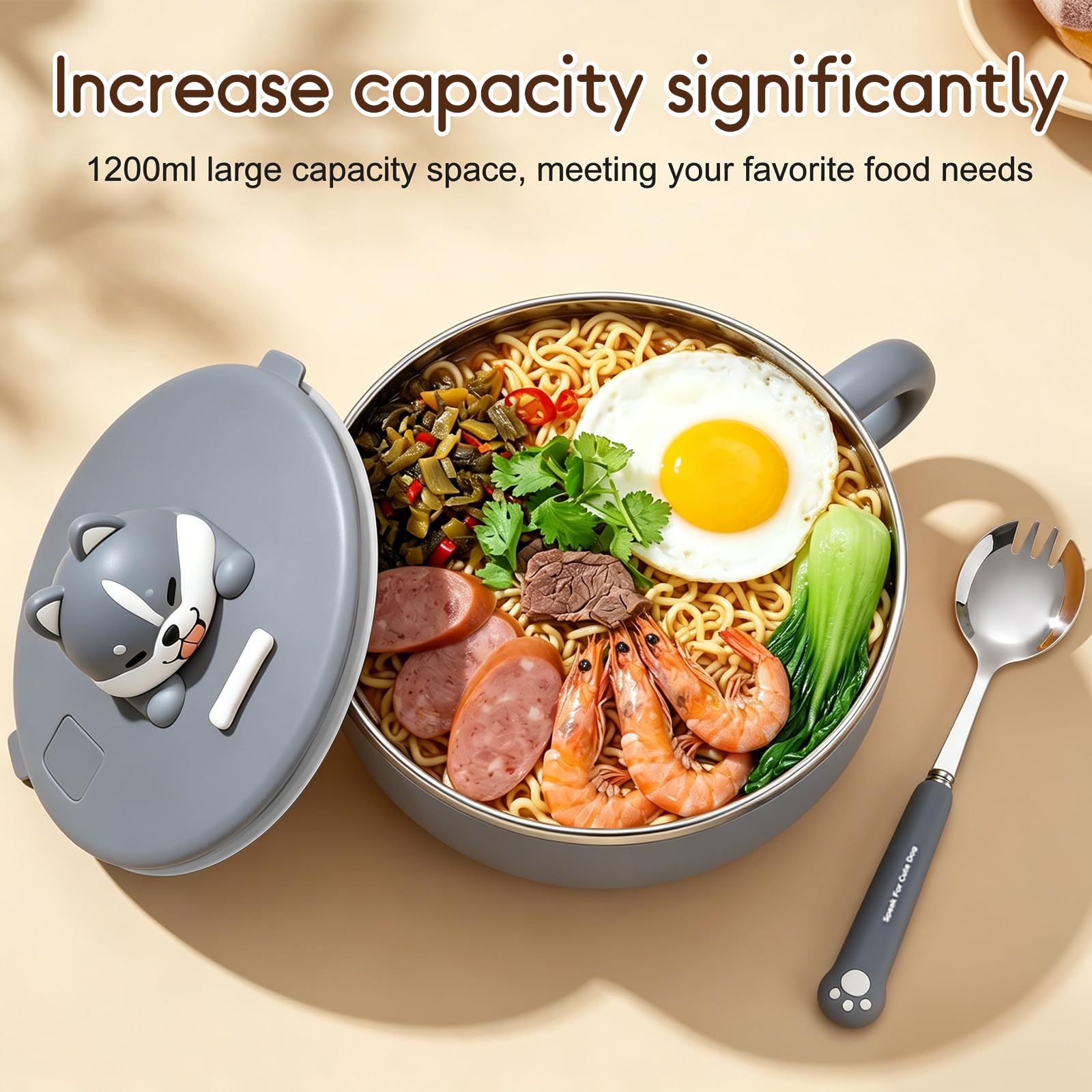 Cuenco de ramen instantáneo de 1200 ml con tapa y cuchara, cuenco de pasta instantánea con asas, horno ramen portátil para microondas, bento, almuerzo, sopa, pasta (ronco)