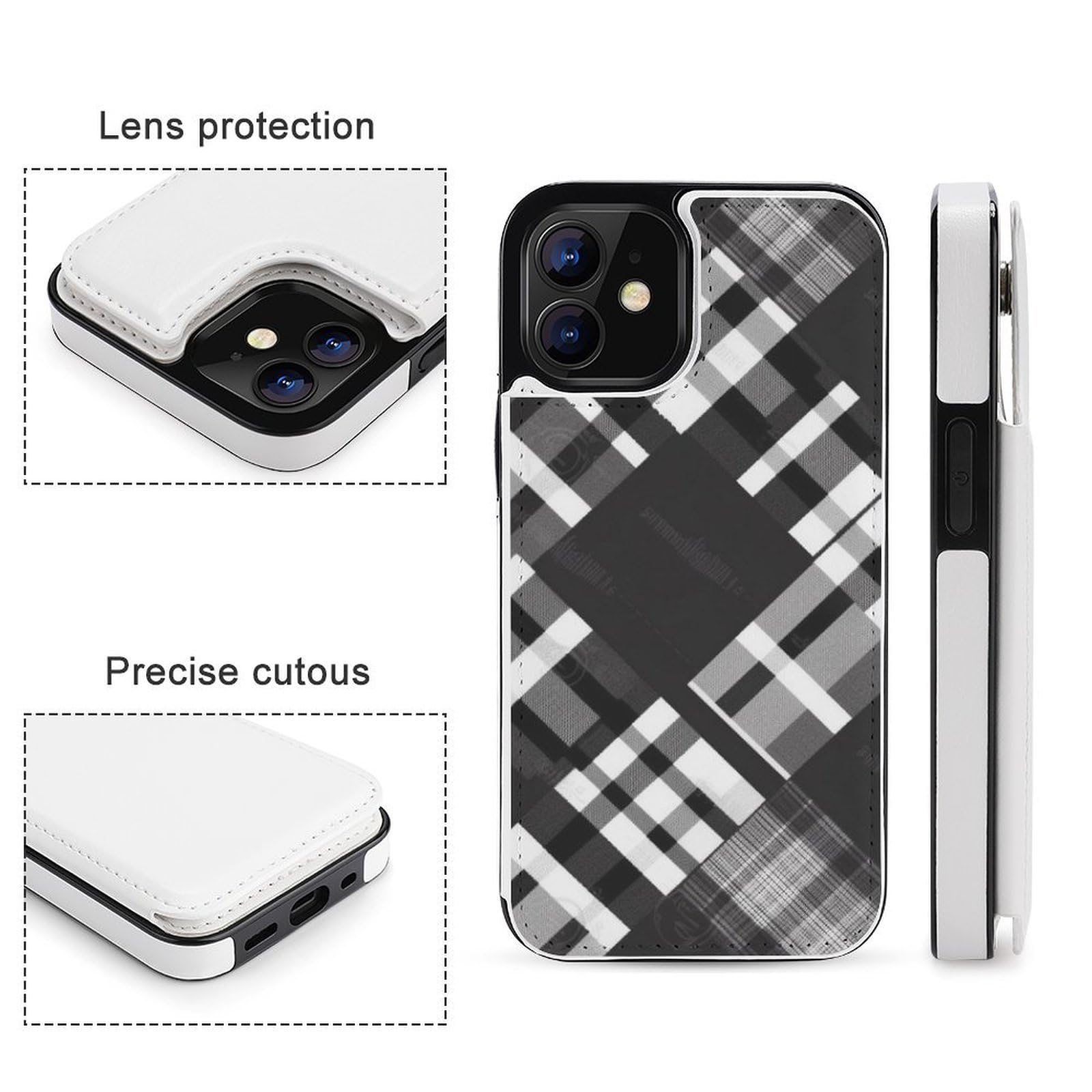 Fundas tipo cartera para iPhone 12 Mini, estampado a cuadros en blanco y negro, funda de piel con ranuras para tarjetas