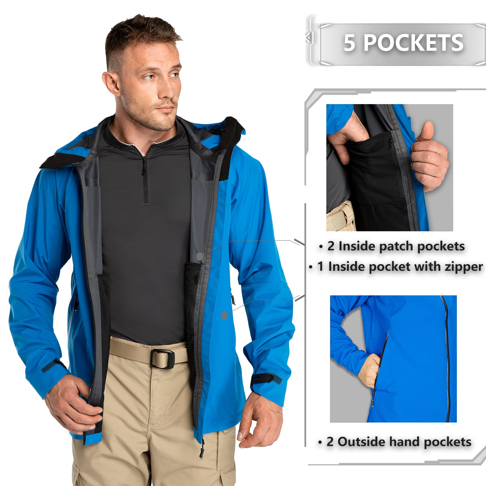 33,000ft Kurtka przeciwdeszczowa, męska, wodoszczelna, wiatroszczelna, oddychająca kurtka softshell z kapturem, płaszcz przeciwdeszczowy, na wędrówki, kemping