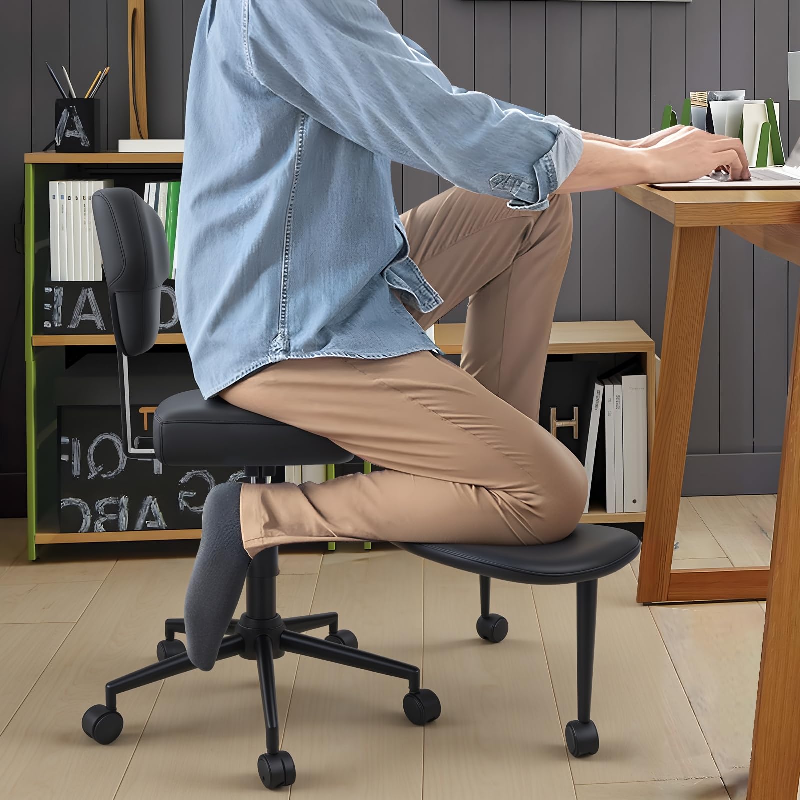 Silla de oficina ergonómica con patas cruzadas, silla de pierna cruzada con ruedas y reposapiés, silla giratoria de 360°, cojines más anchos y gruesos para silla de meditación, escritorio de
