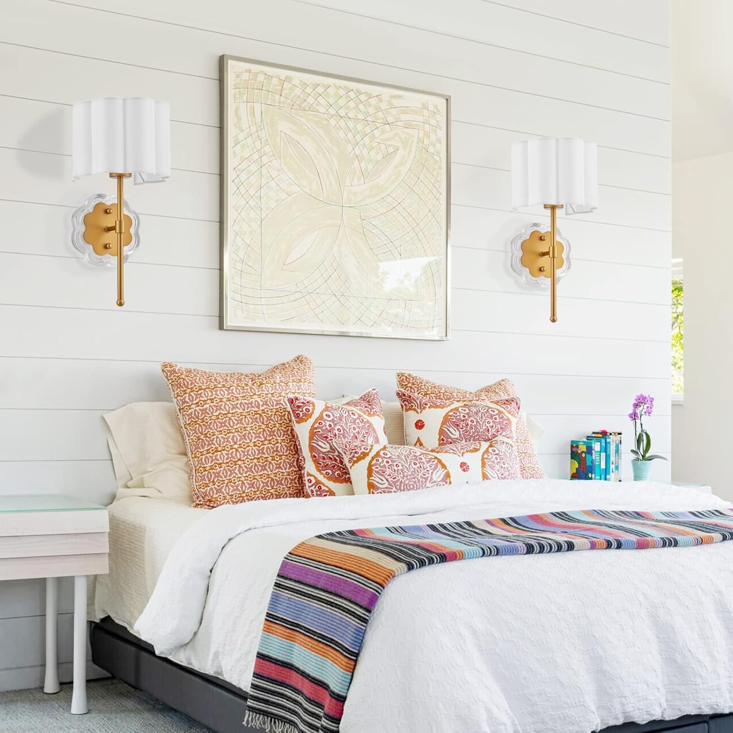 Modern Wall Sconce Set of 2, with Creamy-White Fabric Flower and Antique Brass Brush Paint Finish Shade for Vanity Stairway Fireplace Kitchen Living Room Bedside