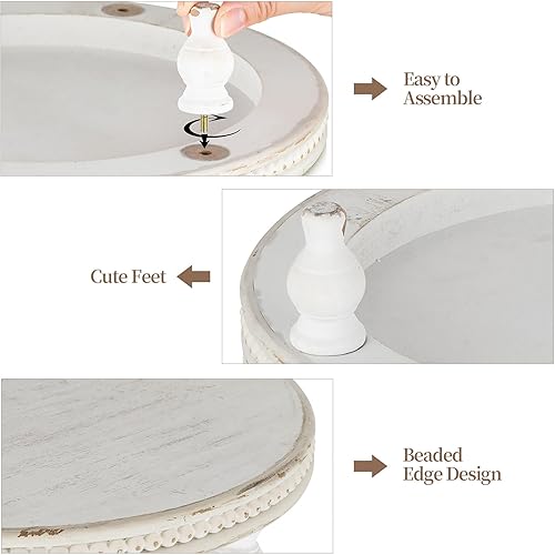 Vista 8 de Hanobe Soporte redondo decorativo para bandeja: elevadores de pedestal de madera con cuentas blancas, soporte de exhibición circular para mesa