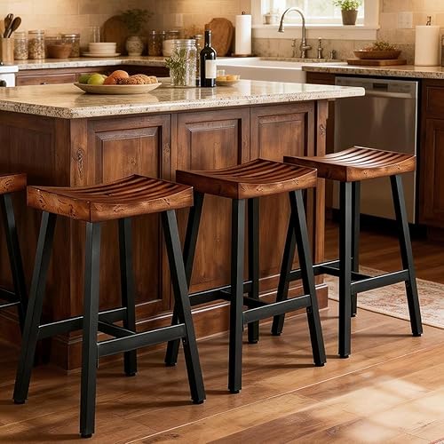 Miniatura 9 de OUllUO Juego de 2 taburetes de bar, taburetes de bar sin espalda, taburetes de bar de altura de mostrador de 25 pulgadas, taburetes de madera maciza