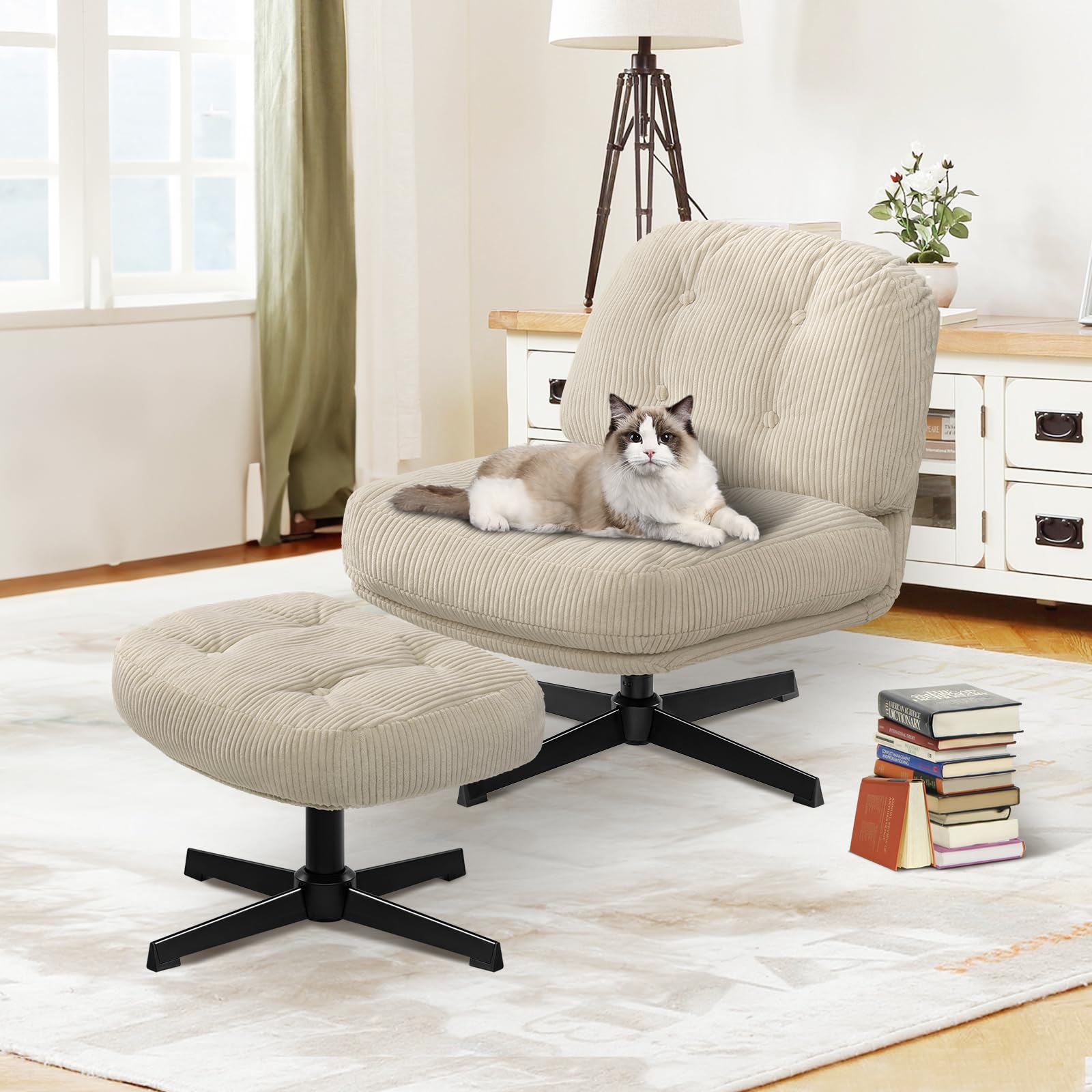 FelixKing Silla giratoria con otomana para dormitorio, sala de estar y apartamento, color beige