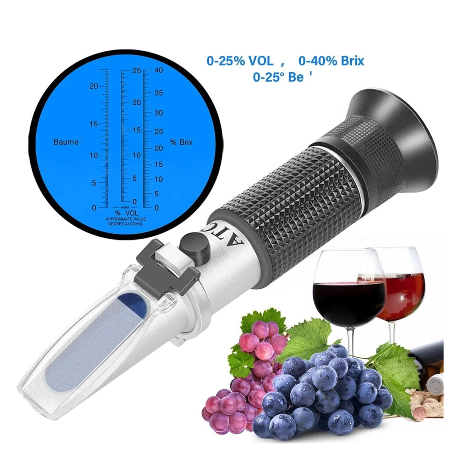 Refraktometr do wina winogronowego 3 w 1 0-25% alkoholu 0-40% Brixa 0-25° Tester Baume' Miernik stężenia z ATC do warzenia wina Wysoka czułość