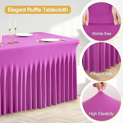 Miniatura 3 de PARTISKY Mantel de elastano fucsia para mesas rectangulares de 4 pies, falda elástica para mesas plegables, bodas, fiestas, banquetes, eventos,