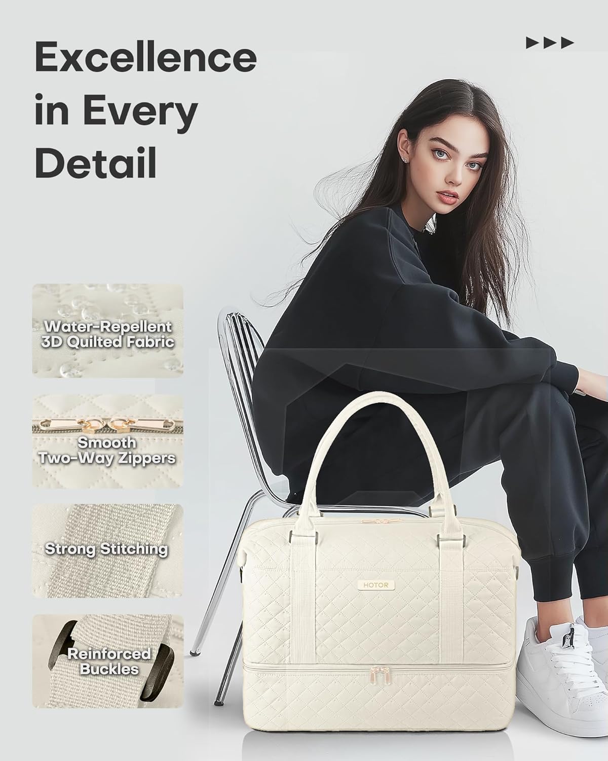 HOTOR Travel Duffel Bag - Weekender Bags for Women, Gym Tote Bags with Shoe Compartment, Carry On Overnight Bag with Toiletry Bag for Travel Essentials and Travel Accessories, Beige, 13.4"×17.3"×7.9" - Image 5