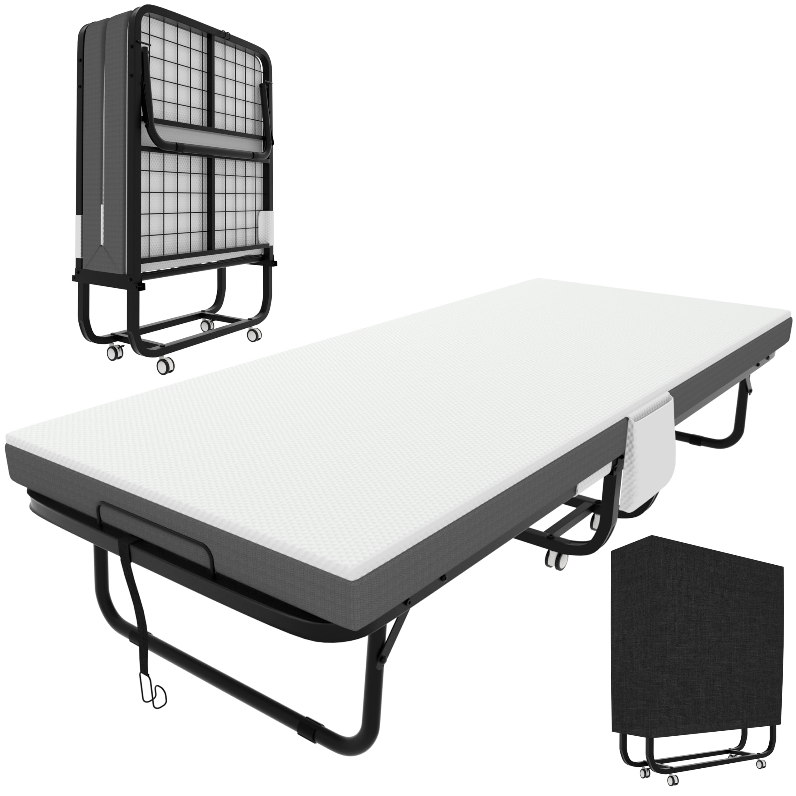31 Inch Folding Bed with 5 Inch Removable Memory Foam Mattress, Portable Roll Away Foldable Bed with Metal Frame for Adult, Space Saving Fold Up Bed, Cot Size Guest Bed with Wheels