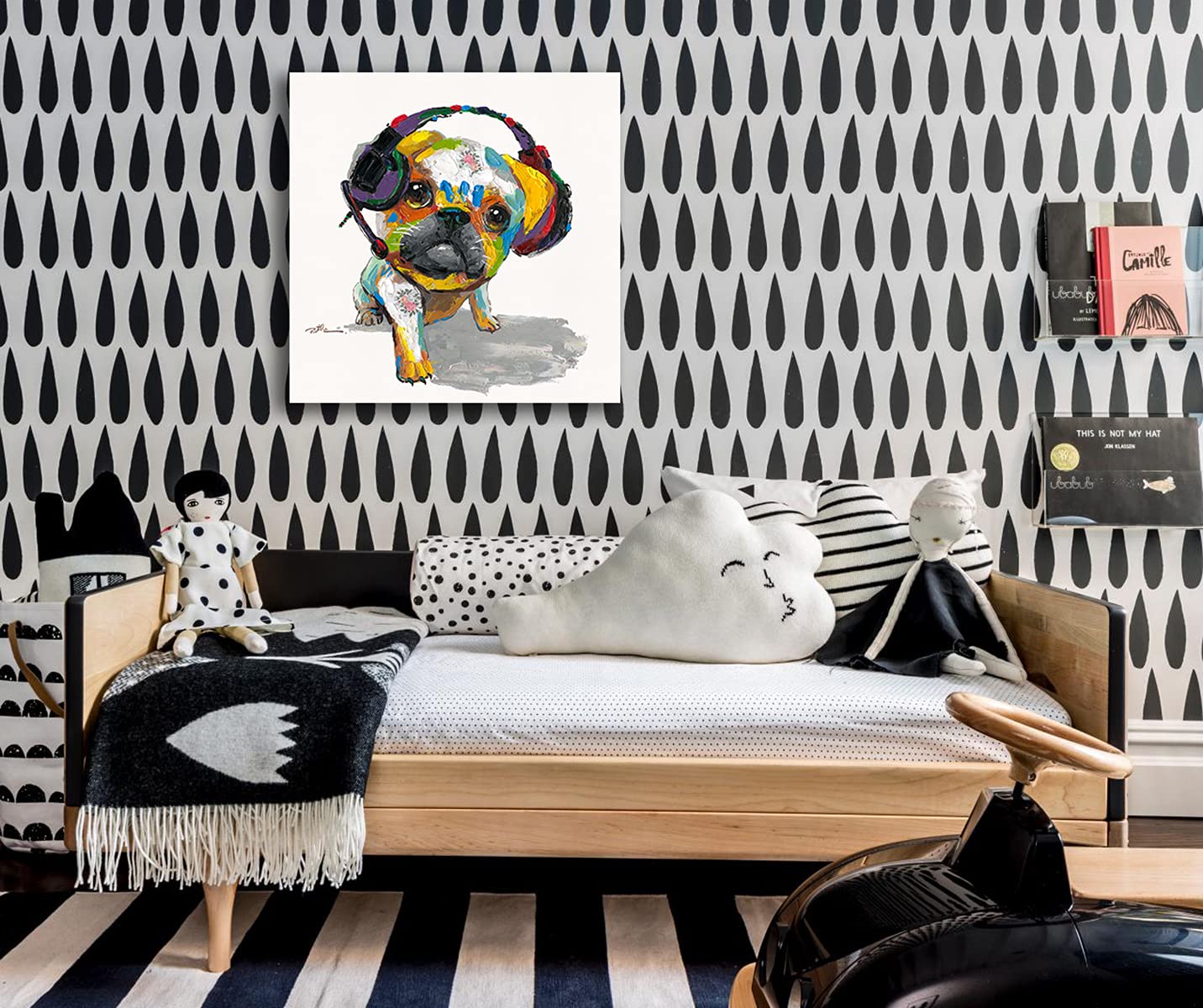 B BLINGBLING Décoration murale sur toile représentant un chien carlin qui écoute de la musique avec des écouteurs - Encadrée - Facile à accrocher - 61 x 61 x 1 cm
