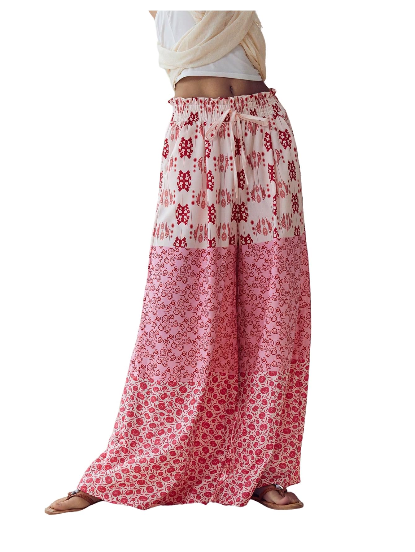 MakeMeChic Womens Boho Wide Leg Palazzo Pants Drawstring Paperbag Waist Trousers with Pockets
