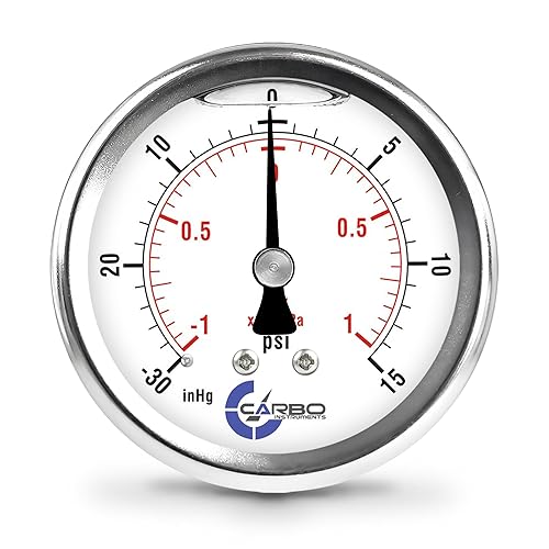 Manómetro de 2 1-2", caja de acero inoxidable, conexión de latón cromado, relleno de Lqiuid, vacío compuesto -30 Hg - 0-15 psi Montaje trasero 14"