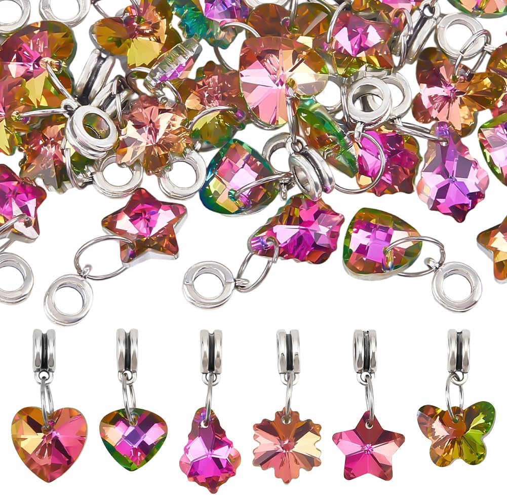 PH PandaHall 6 Styles Crystal Glass Pendant Charms, 30PCS Magenta Color Crystal Beads Faceted Heart Star Teardrop Butterfly Square Pendants Transparent Charms with Bail Hanger for Jewelry Making
