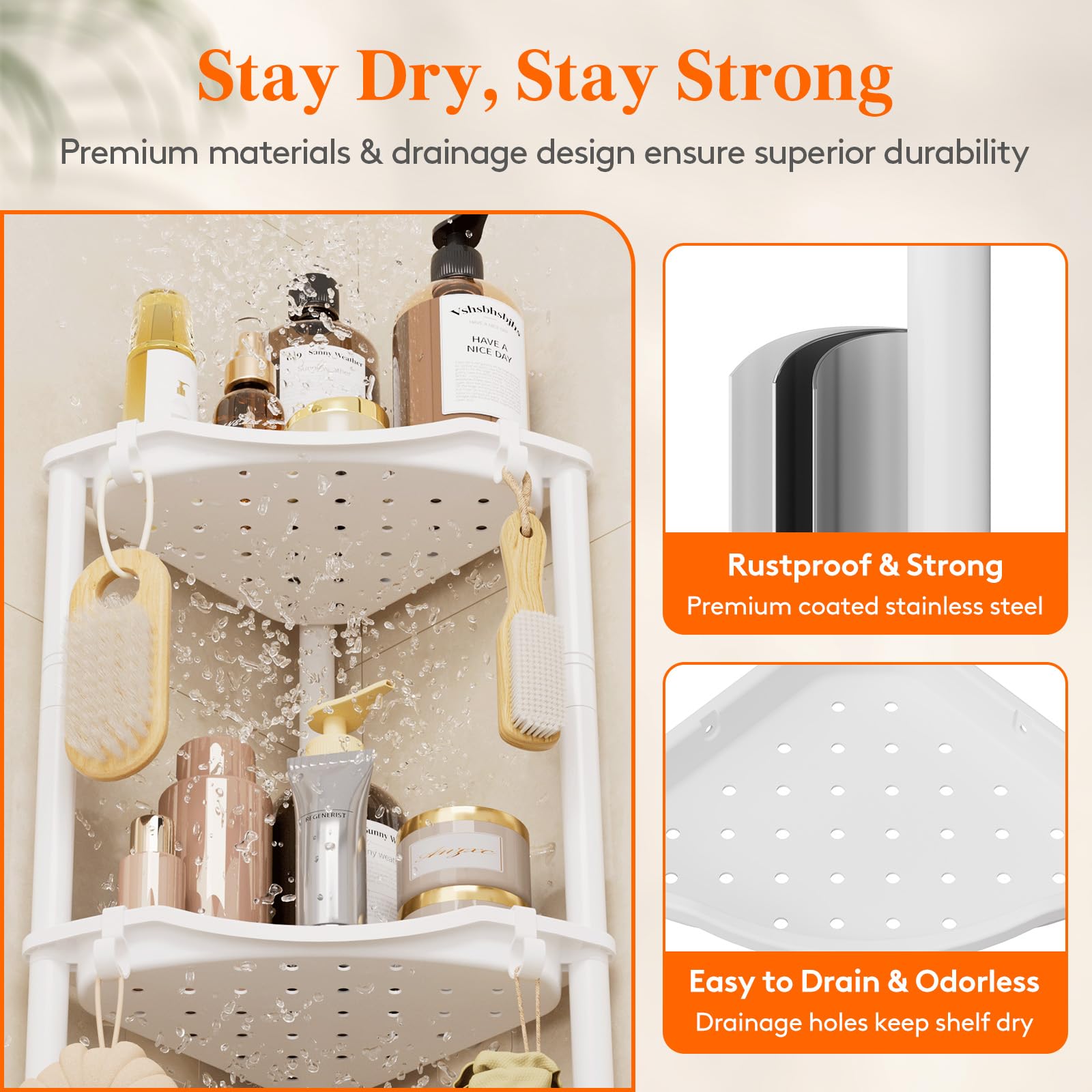 Lifewit Floor Standing Shower Caddy Corner, Plastic Metal Rustproof Corner Stand for Bathroom Kitchen with 4 Hooks - Image 3