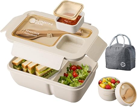 Lunch Box Adults, Bento Box Set with Utensils, Lunch Bag, Oats Container with Spoon, Leakproof Lunchbox for Food Storage, Meal Prep Container for Men Women Office School PicnicBeige