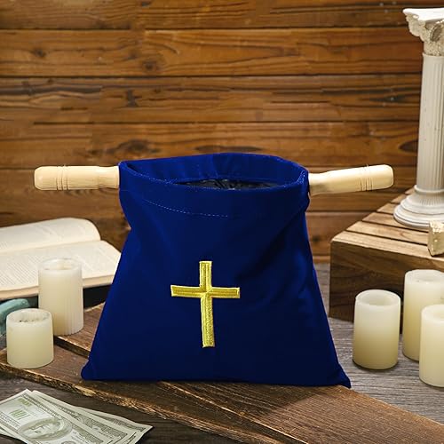 Miniatura 6 de Abbylike Bolsa de terciopelo para ofrendas de iglesia con asas de madera, bolsa de ofrenda religiosa de 10 pulgadas, bolsa de colección de iglesias