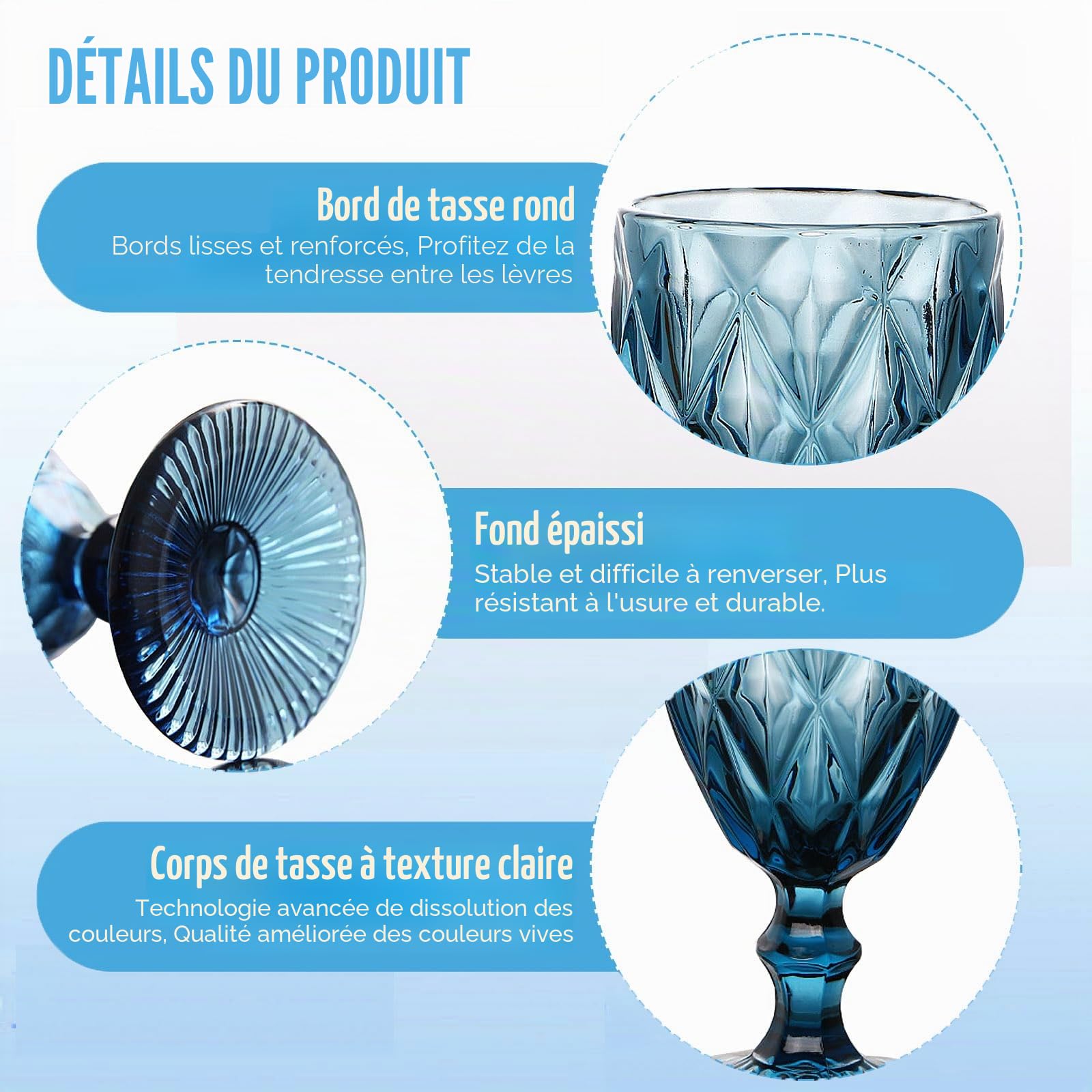 Lot de 6 verres à vin rouge vintage de 300 ml - Verres à vin en cristal - Pour mariage, cocktail, maison, restaurant, fête, Noël - Bleu clair