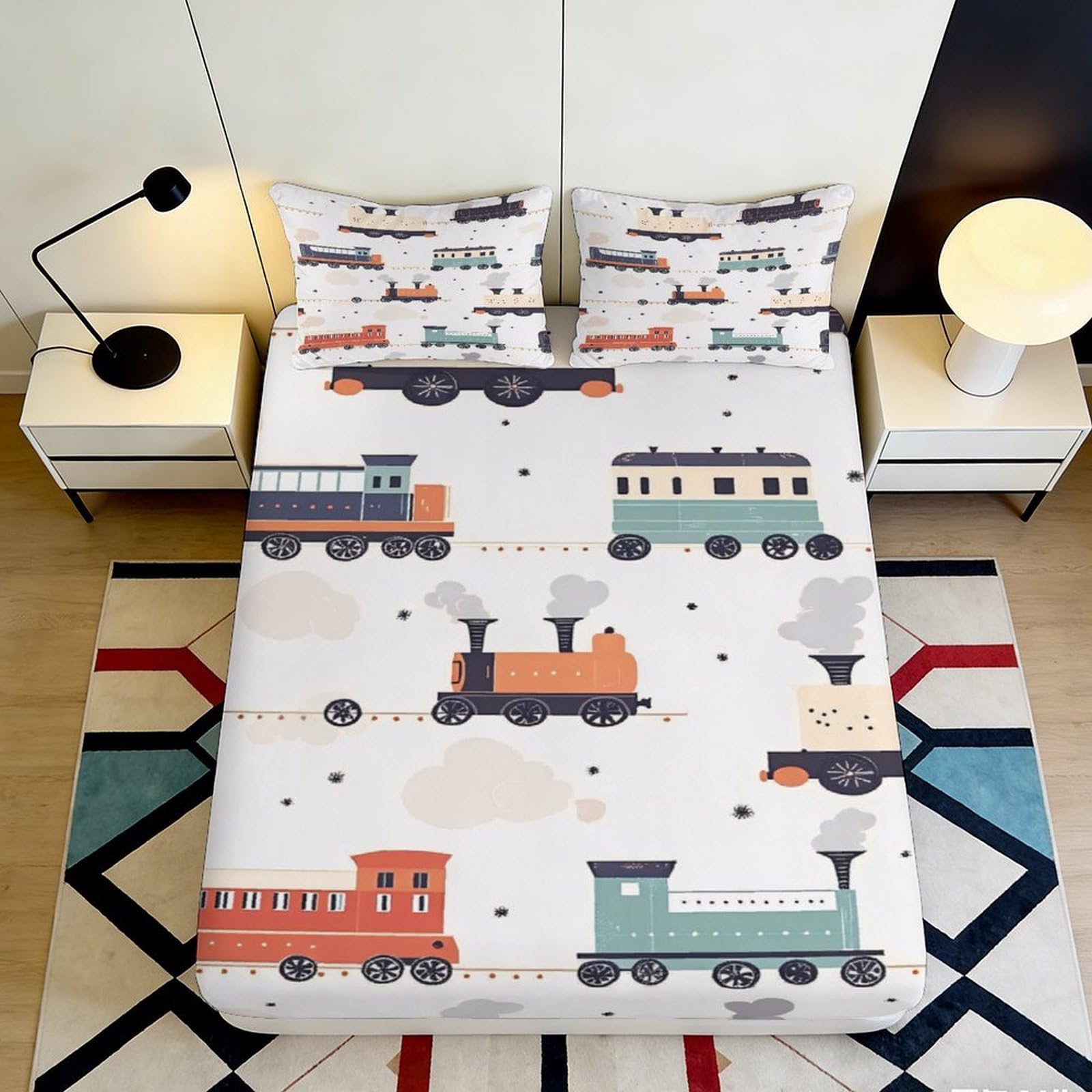 Uxinyoume Style-5 3D Printed Vintage Train Fitted Sheet Microfiber Soft Breathable Railway Illustration Bed Cover Bedroom Dorm Decor 90X200x25cm