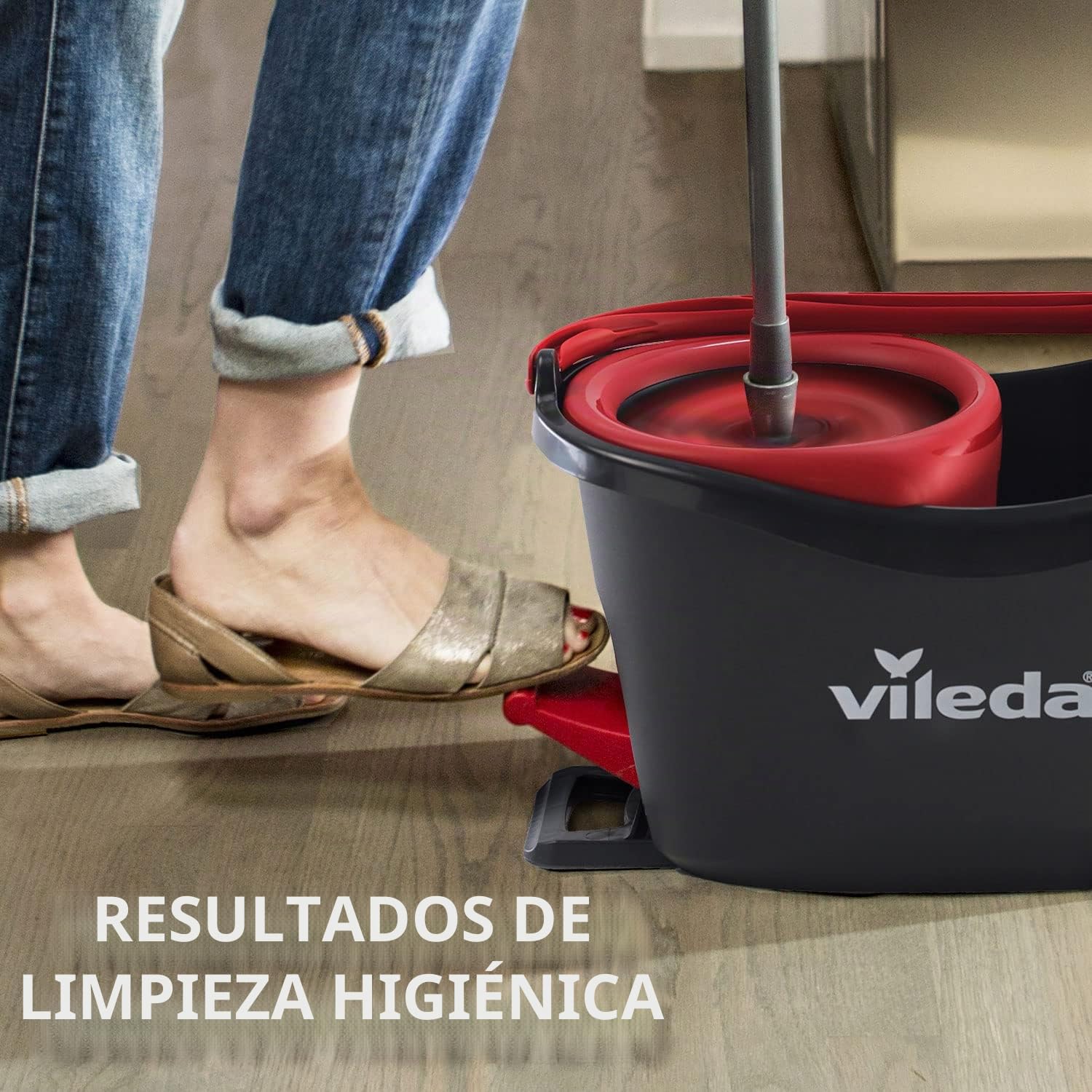Vileda Easy Wring & Clean Turbo Set, cubo de fregona con pedal en gris, fregona giratoria de microfibra 2 en 1, mango telescópico 85-123 cm