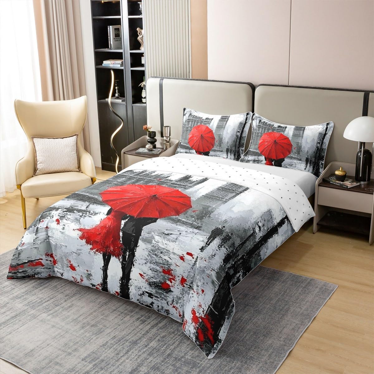Loussiesd Rotes Paar Liebhaber 100% Baumwolle Bettwäsche Set 135x200cm Big Ben Bettbezug Dekor Mr Mrs Paris Moderne Stadtbild London Street Betten Europäische Stadt Bettwäsche-Set