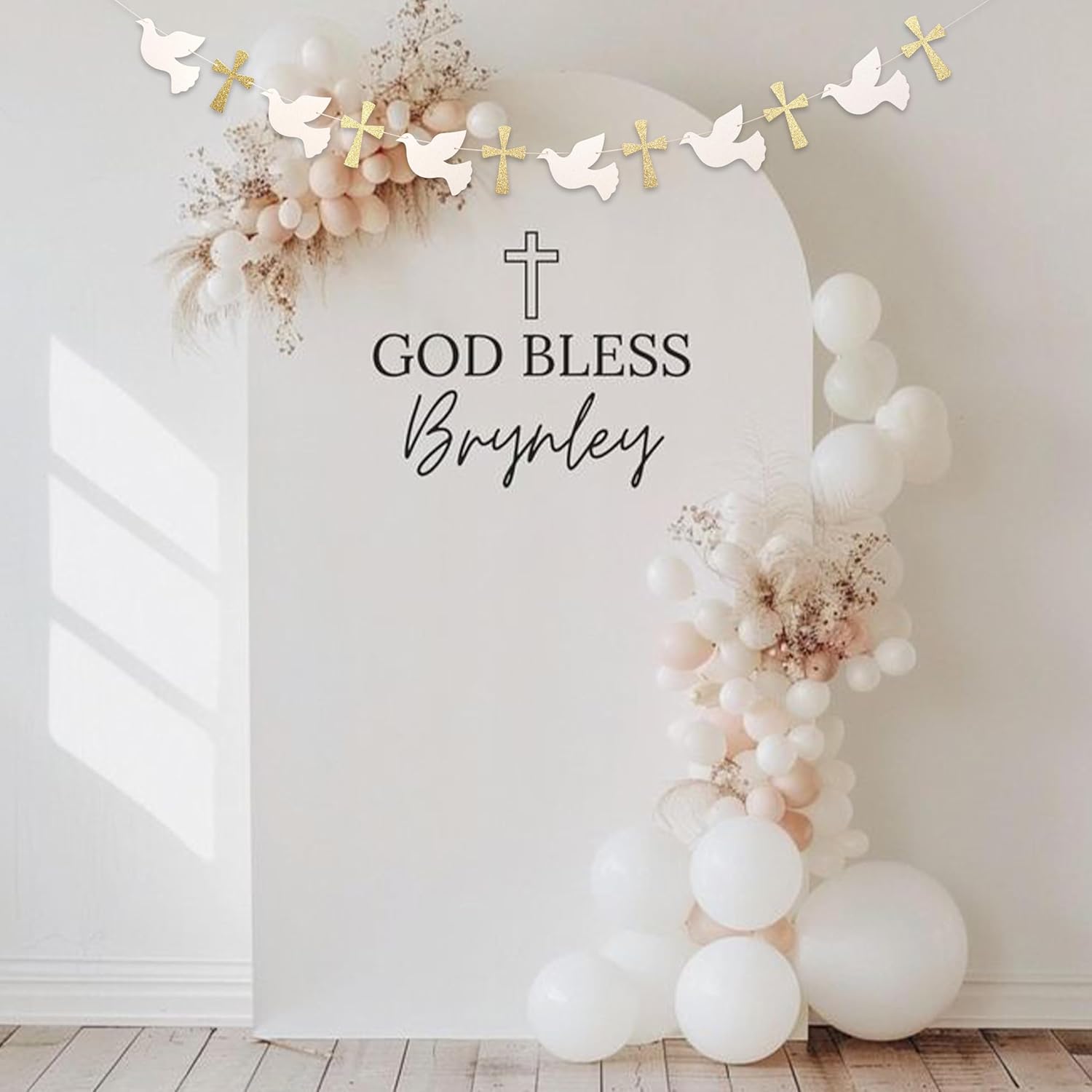 Christening Dove and Cross Banner - God Bless Easter Party Gold Glitter Decoration Garland, Fist Holy Communion Baby Shower Decor (god Bless Banner)
