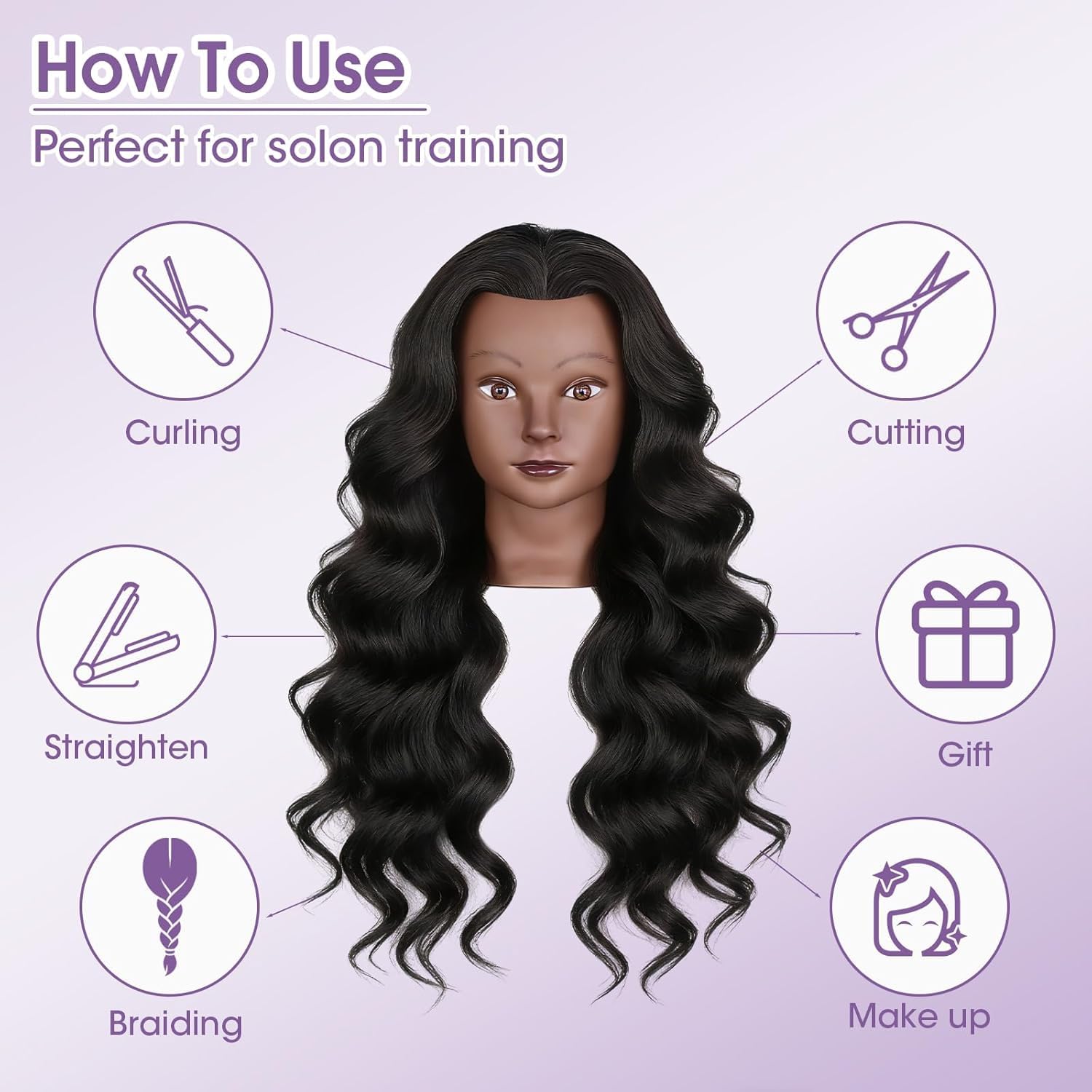 Tête de coiffure, 66 cm, 80 % cheveux naturels, noire, avec pince de table et accessoires, pour couper, tresser et coiffer