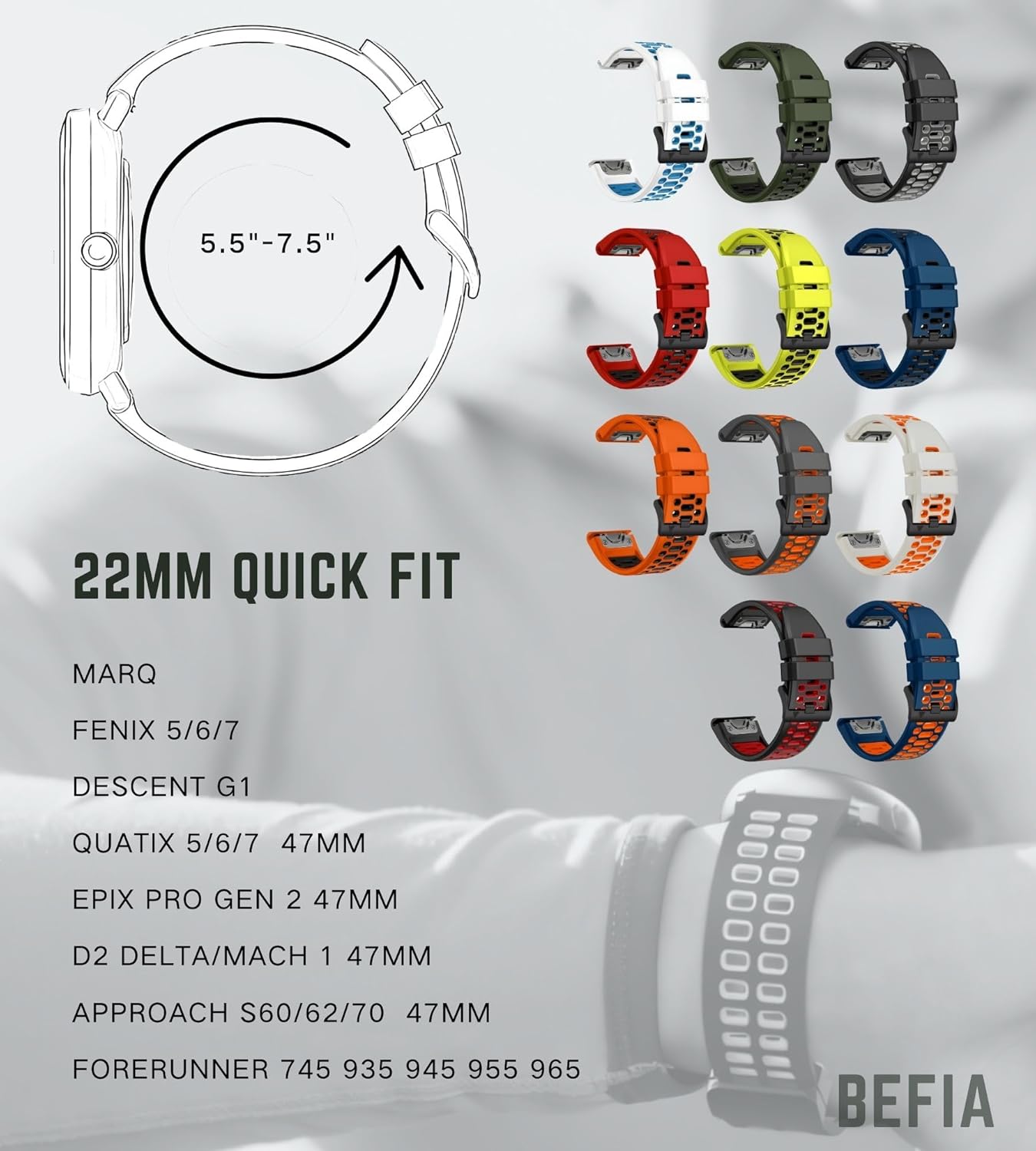 22mm Quickfit Watch Band for Garmin Fenix 5 6 7 Pro Solar Forerunner 935 745 965 955, 22 Breathable Wristband Strap - Image 8