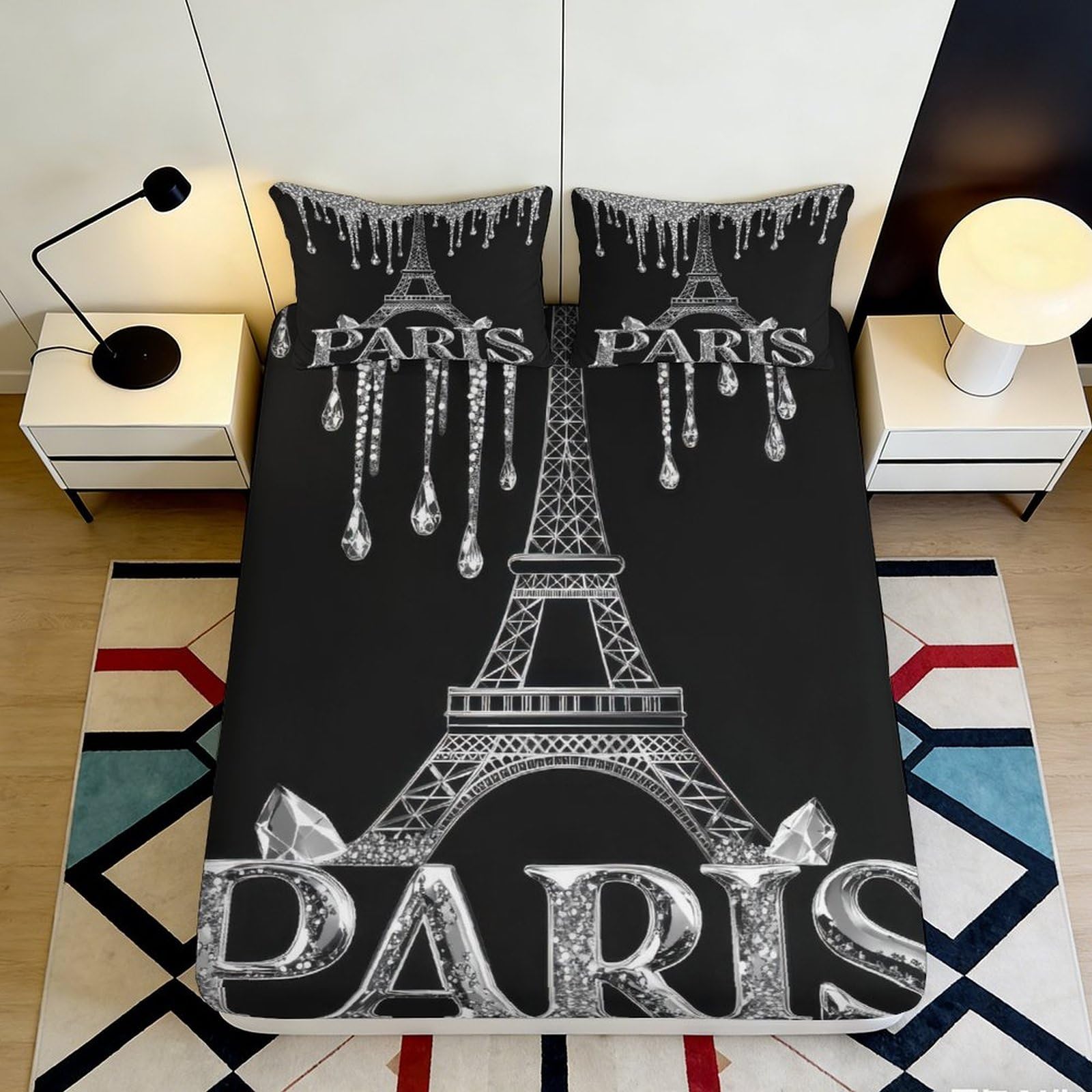Pnayamiorkfel Style-3 3D Printed Eiffel Tower Paris Fitted Sheet Microfiber Black Bedroom Decor Bed Cover For Adult Teen Mattress Protection 90X200x25cm