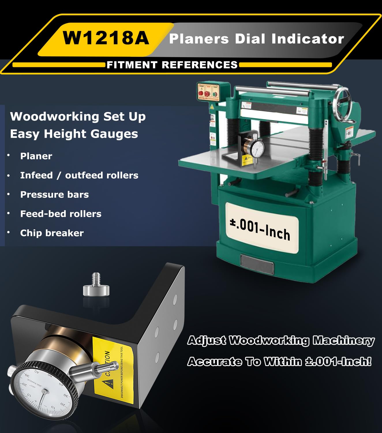 W1218A Planers Dial Indicator 360 Degree Durable Powerful Magnetic Base for Planers Jointers Woodworking Set Up Easy Height Gauges Accurate ±.001-Inch, Replace# W1218A