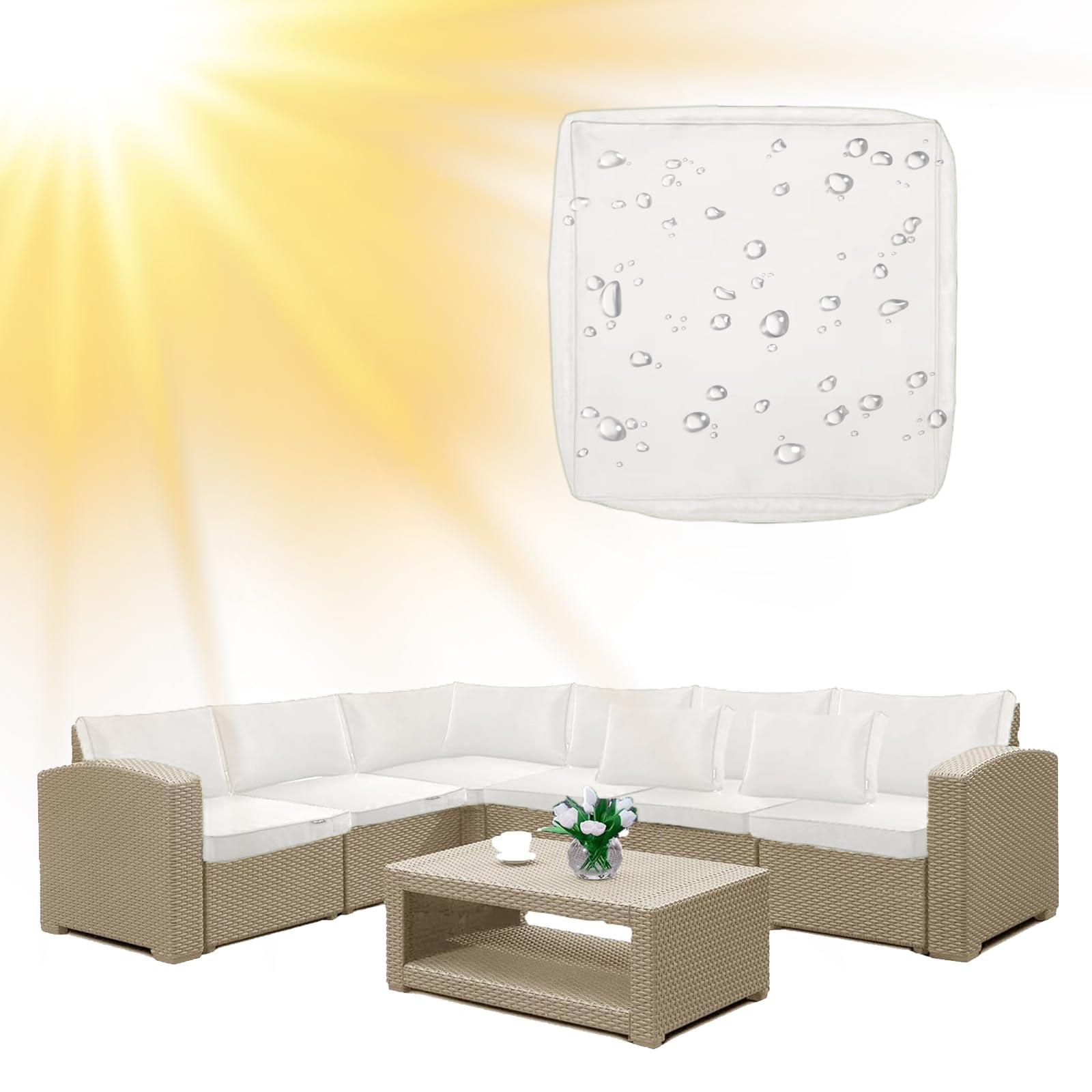 SYLC Water Repellent Patio Cushion Covers UV Resistant Garden Rattan Cushion Covers with Zipper Outdoor Couch Cushion Slipcovers for L Shape/Corner (1 pc 55×50×10 cm,White)