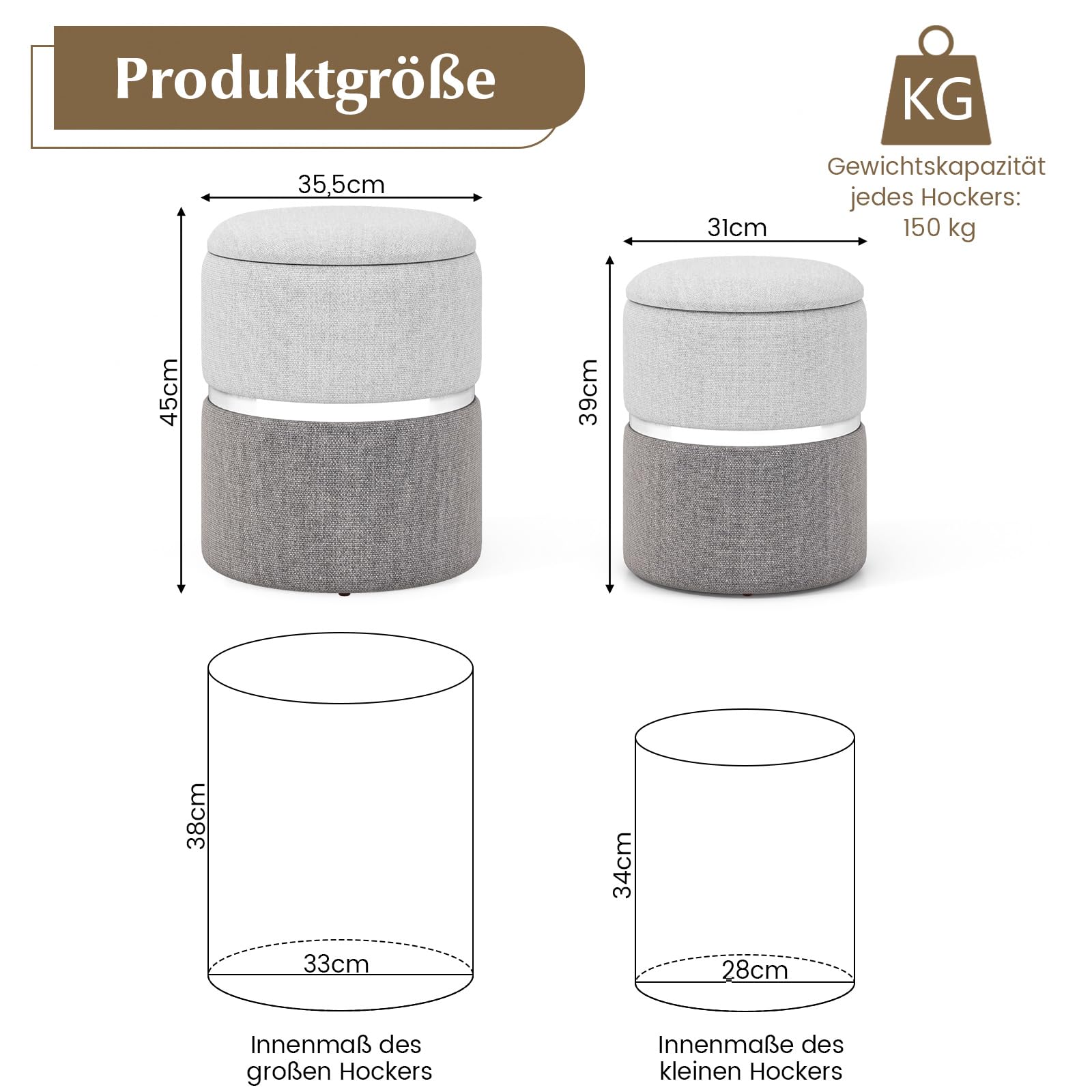RELAX4LIFE 2er Set Sitzhocker, Pouf Hocker mit 32L + 21L Stauraum, Ottomane aus Samt, Aufbewahrungshocker für Wohnzimmer Schlafzimmer (Grau)
