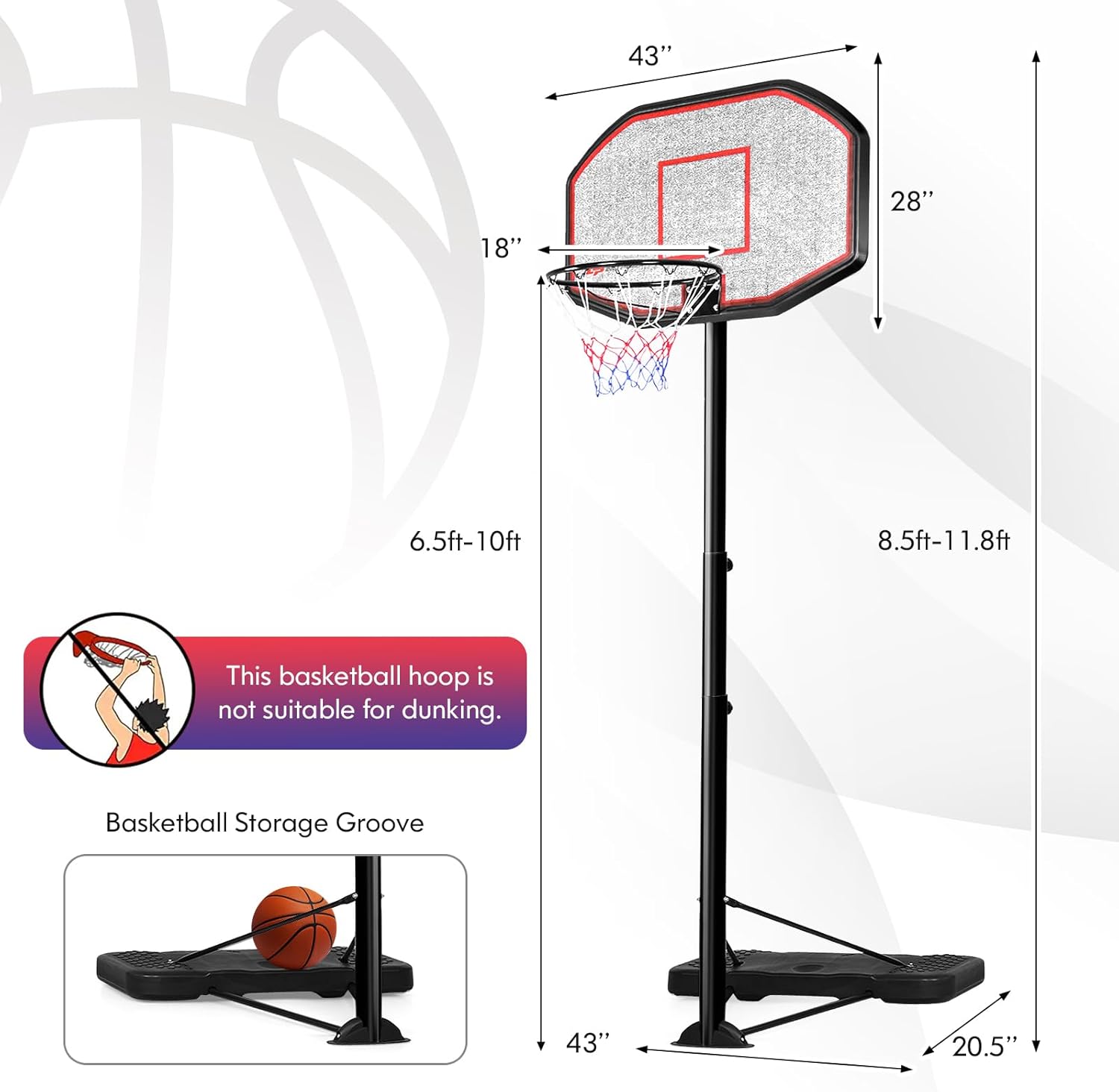 Goplus Portable Basketball Hoop Outdoor, 6.5FT- 10FT Height Adjustable Basketball Stand with Wheels, 44Inch Backboard, Fillable Base, Indoor Outdoor Basketball Goal System for Adults