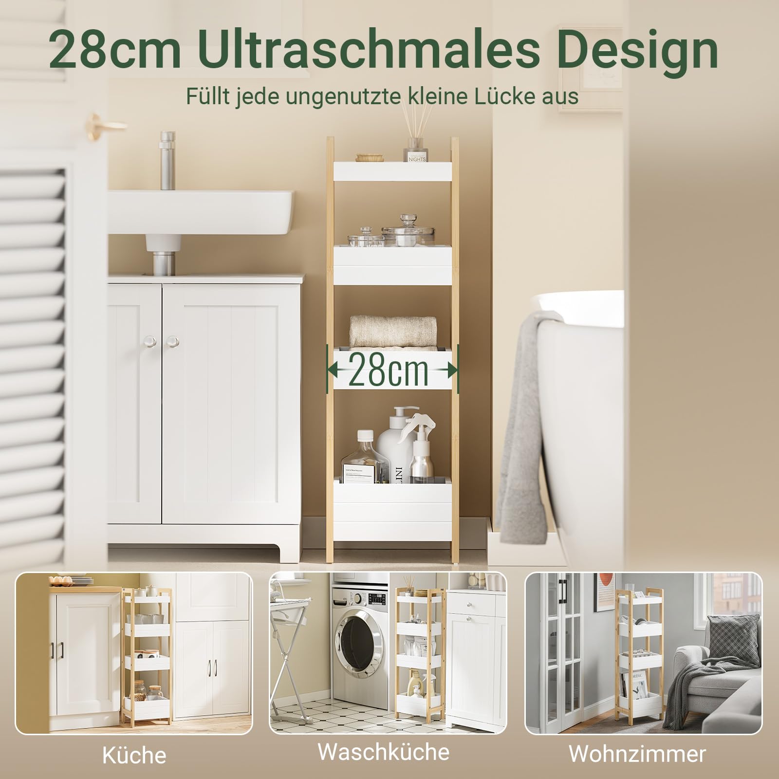 SoBuy Badezimmerschrank Schmal 20cm Breit für Kleines Badezimmer 90x28x20cm | mit 4 Stabilen Regalen, Schmaler Nischenschrank Stehend, Badregal Nischenregal aus Holz FRG226-H-WN