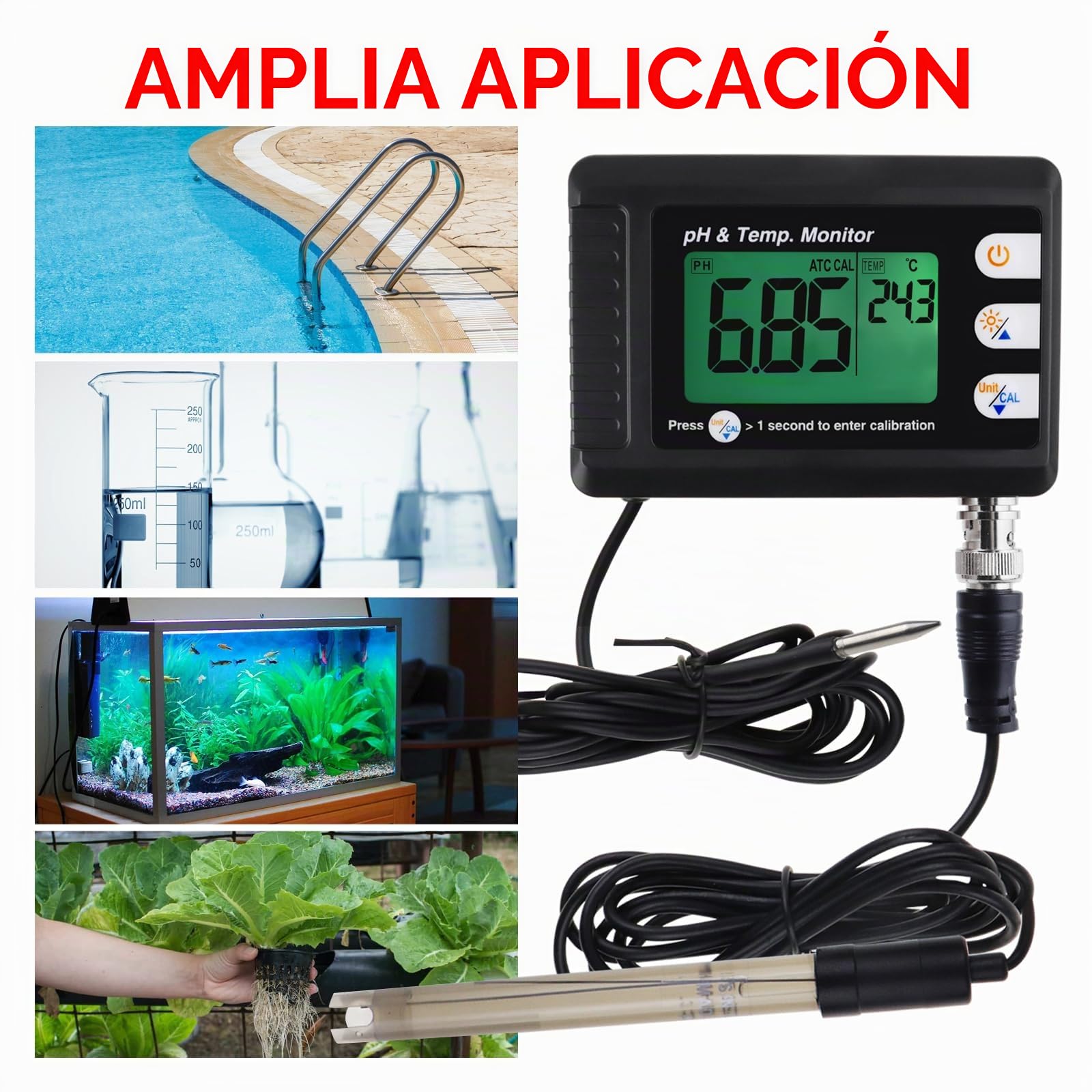 Profesional pH & Temperatura Metro con ATC y Automático Calibración Función, Agua Ensayador Medición para Acuario Hidroponia (pH & Temperatura Monitor)