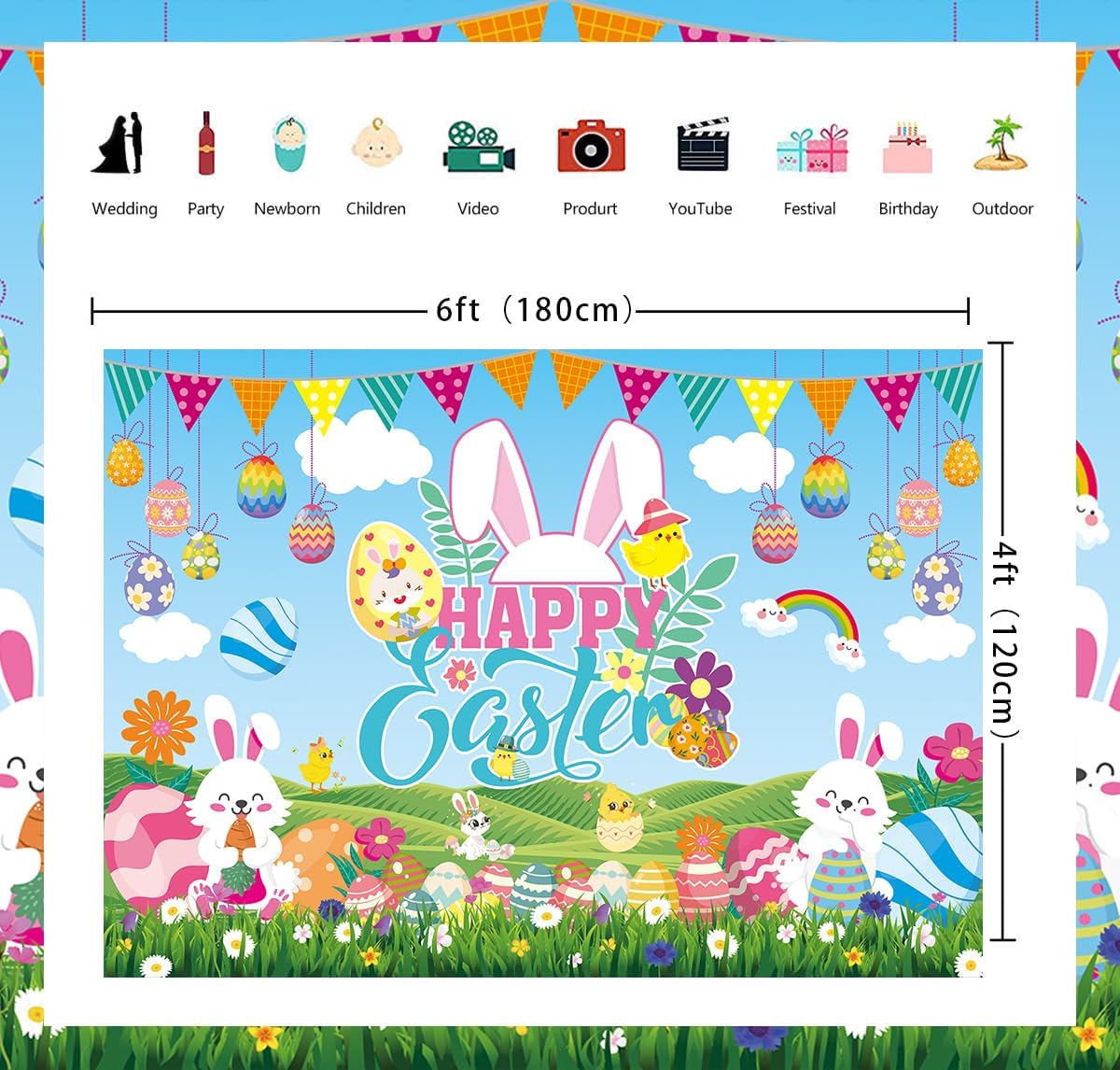 Happy Easter Backdrop Cartoon Colorful Eggs Bunny Rabbit Chick Floral Green Grass Spring Easter Photography Background for Kids Baby Shower Birthday Party Decor Banner Photo Props (6x4FT)