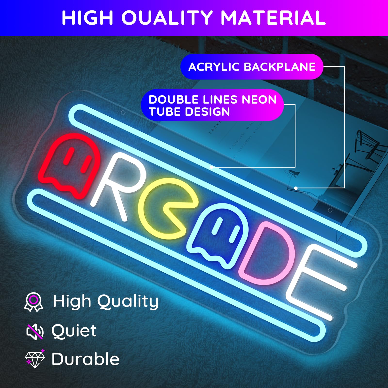 Arcade-Neon-Lichtschild, LED, USB-betrieben, dimmbar, Retro-Geister-Arcade-Spielzimmer, Neonbeleuchtetes Schild für Spielzimmer, Wanddekoration, Männerhöhle für Schlafzimmer, Kellerraum-Dekorationen