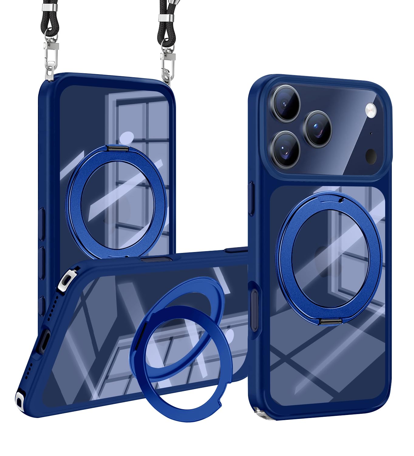 tuulaasii For iPhone 17 Pro Max 用 ケース クリア ショルダー 多機能360度回転スタンド MagSafe対応 調節可能 ストラップ付き ワイヤレス充電 耐衝撃 カメラレンズ保護 いphone17 プロ マックス 対応 マグセーフ マグネット搭載 透明 PC + TPU 肩がけ 首掛け 紐付き 耐衝撃 全面保護 おしゃれ アイフォン カバー (ブルー)