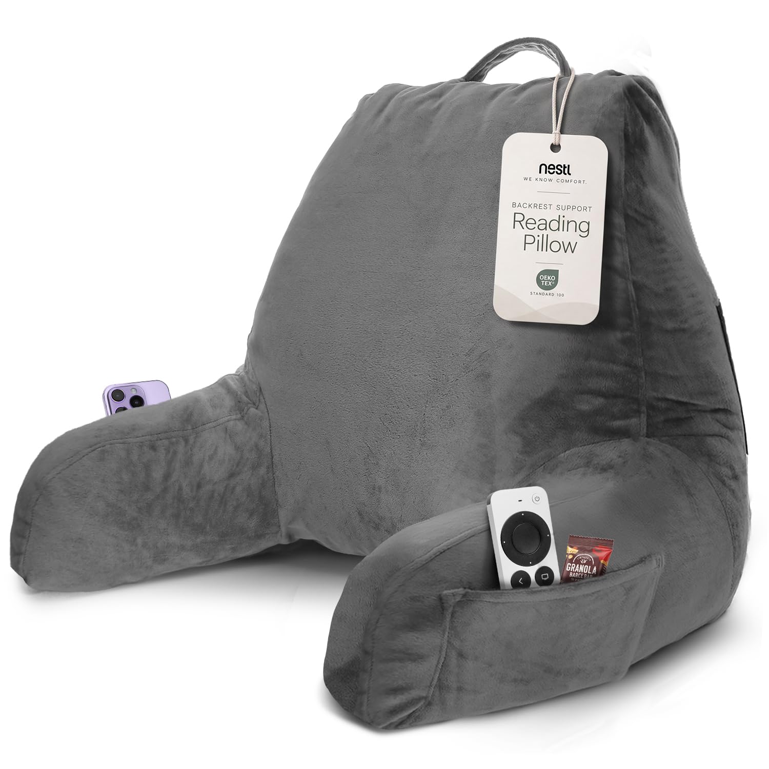 Nestl Reading Pillow for Bed, Back Pillow for Sitting Up in Bed, Dark Grey