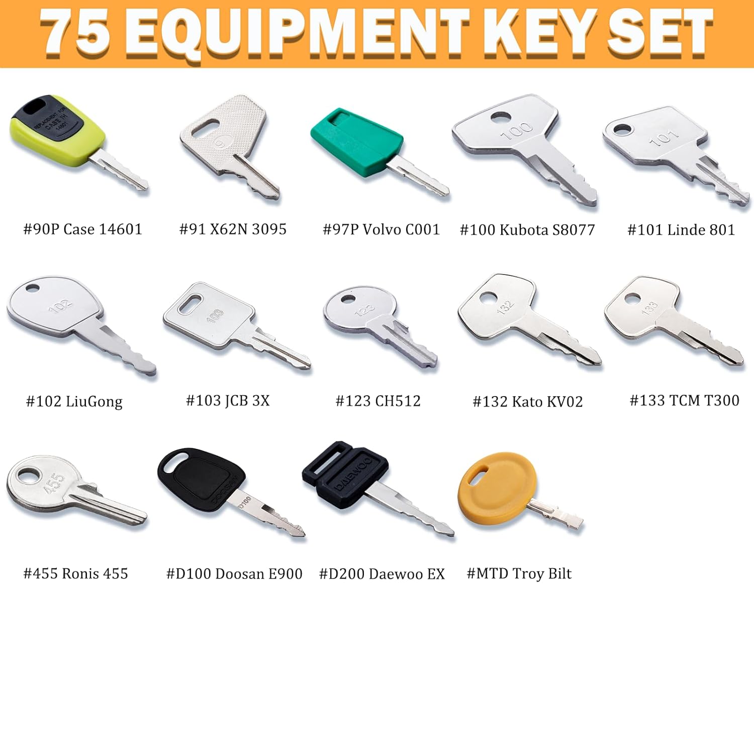 75 Non-Duplicated Heavy Equipment Key Set, Construction Equipment Ignition Master Keys fits CAT Caterpillar Bobcat JCB John Deere Case Kubota Volvo Komatsu Takeuchi Hyster Jlg Yanmar