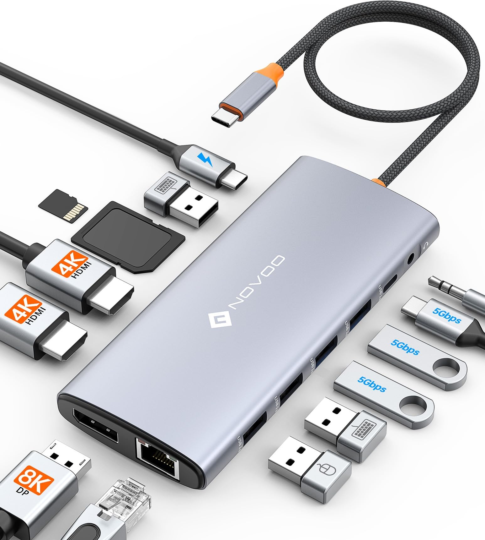 NOVOO USB C Docking Station 14-in-1 USB C Hub Triple Display con 2 HDMI 4K @ 60Hz, DisplayPort 4K @ 120Hz, 5USB-A+1USB-C Transferencia de datos Gigabit Ethernet, 100W PD, SD/TF, Audio para MacBook