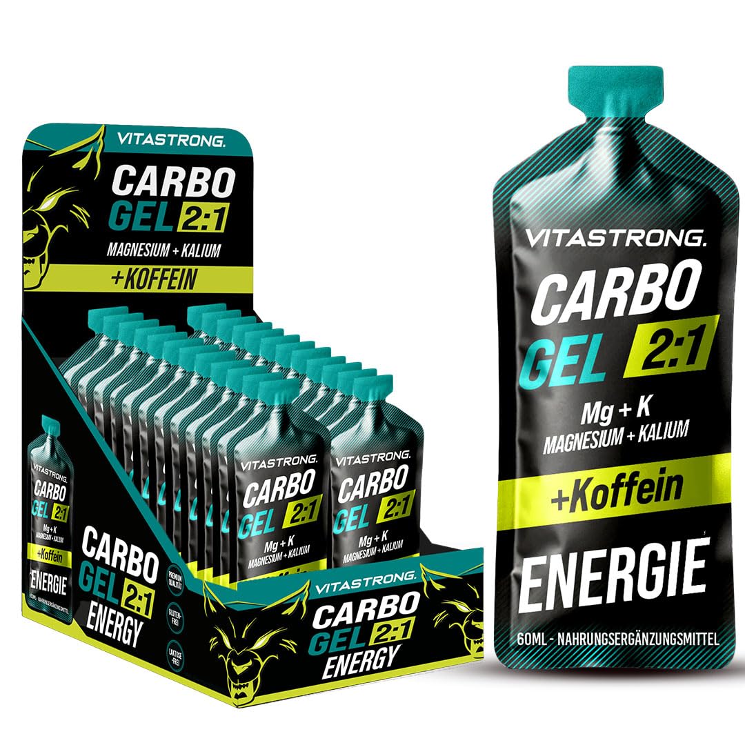 Vitastrong Carbo Gel 2:1 Energy, 24 x 60ml Monodosis, 40g Kohlenhydraten, 56mg Magnesium und 300mg Kalium/Portion, Maltodextrin für Intra-Workout (60ml (24er-Packung), Kohlenhydratgel mit Koffein)
