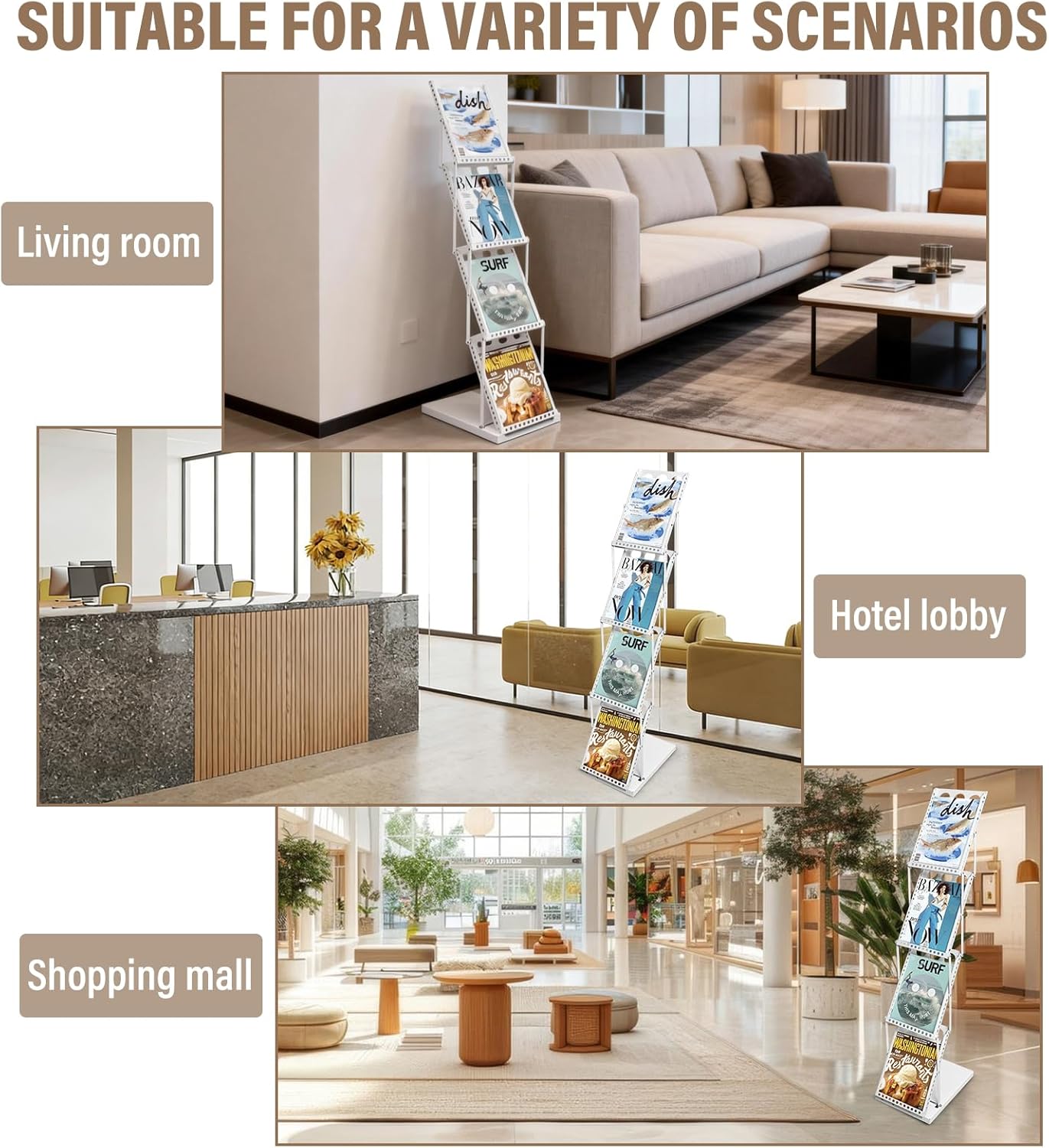 Foldable Magazine Rack with 4 Pockets, Portable Brochure & Literature Display Stand for Office, Trade Shows and Exhibitions, Includes Carrying Bag, White