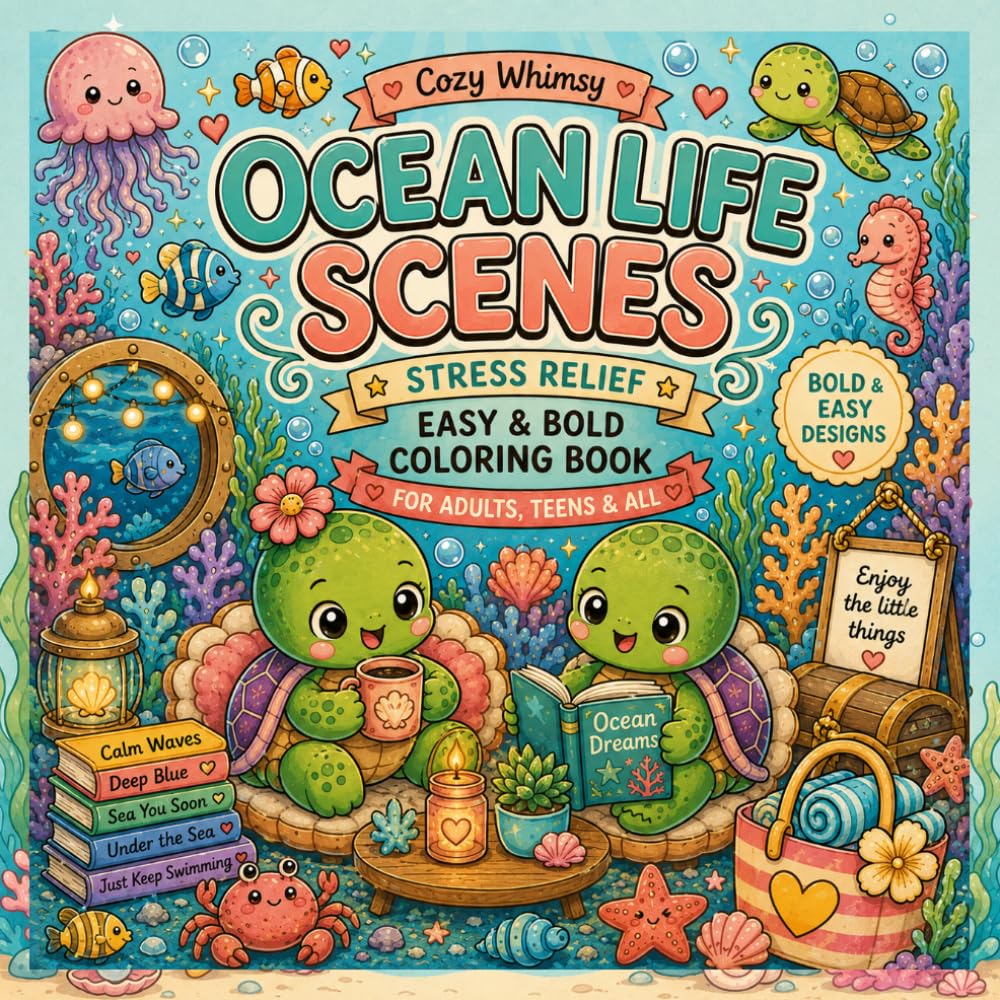 Ocean Life Scenes: Bold & Easy Coloring Book with Cute Underwater Animals, Cozy Ocean Vibes & Simple Whimsical Scenes for Stress Relief (Cozy Whimsy)